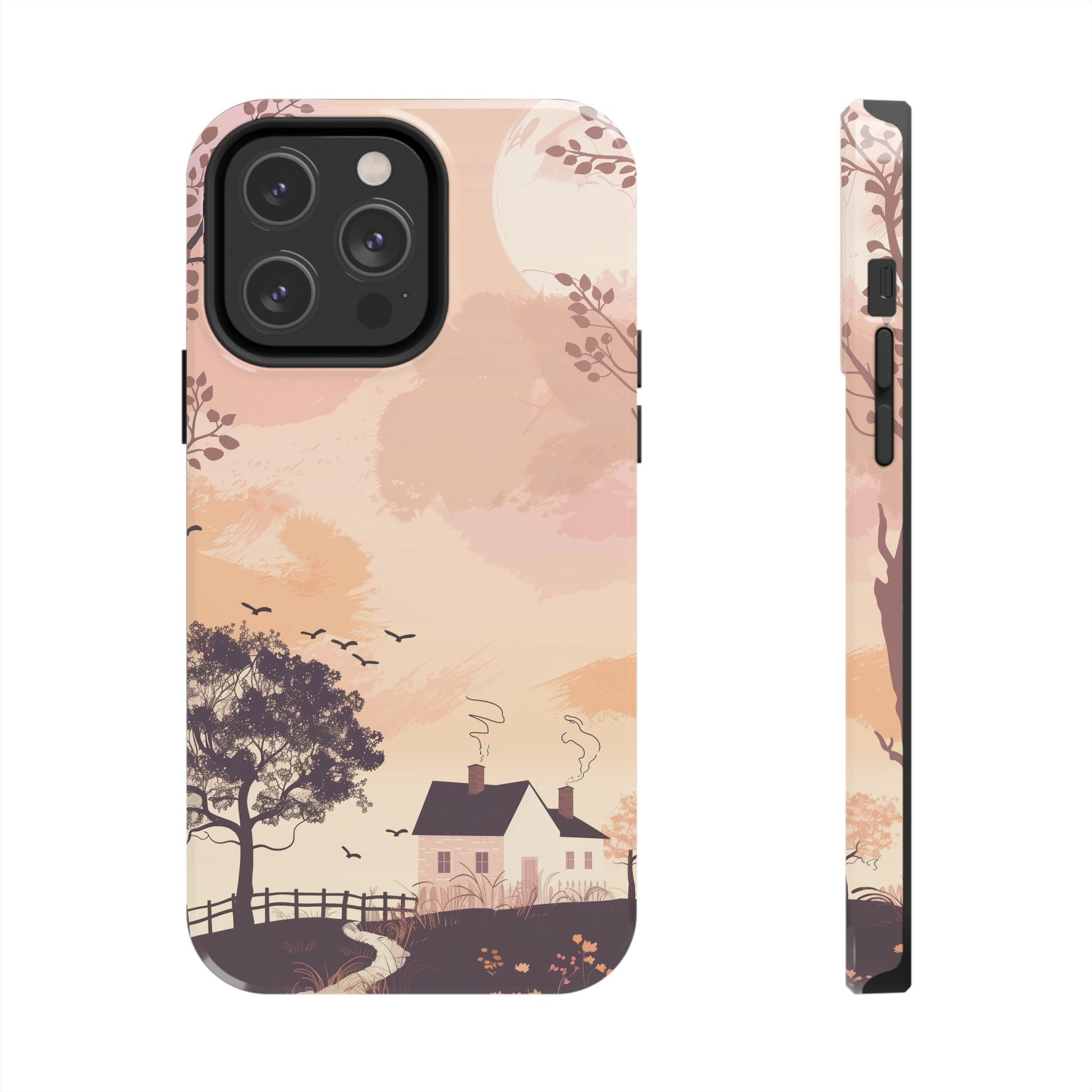 Cottagecore Countryside Sunset Phone Case Cottagecore Aesthetic, Tranquil Pastel Sky Gradient & Silhouette Trees, Whimsical Nature Art Cover