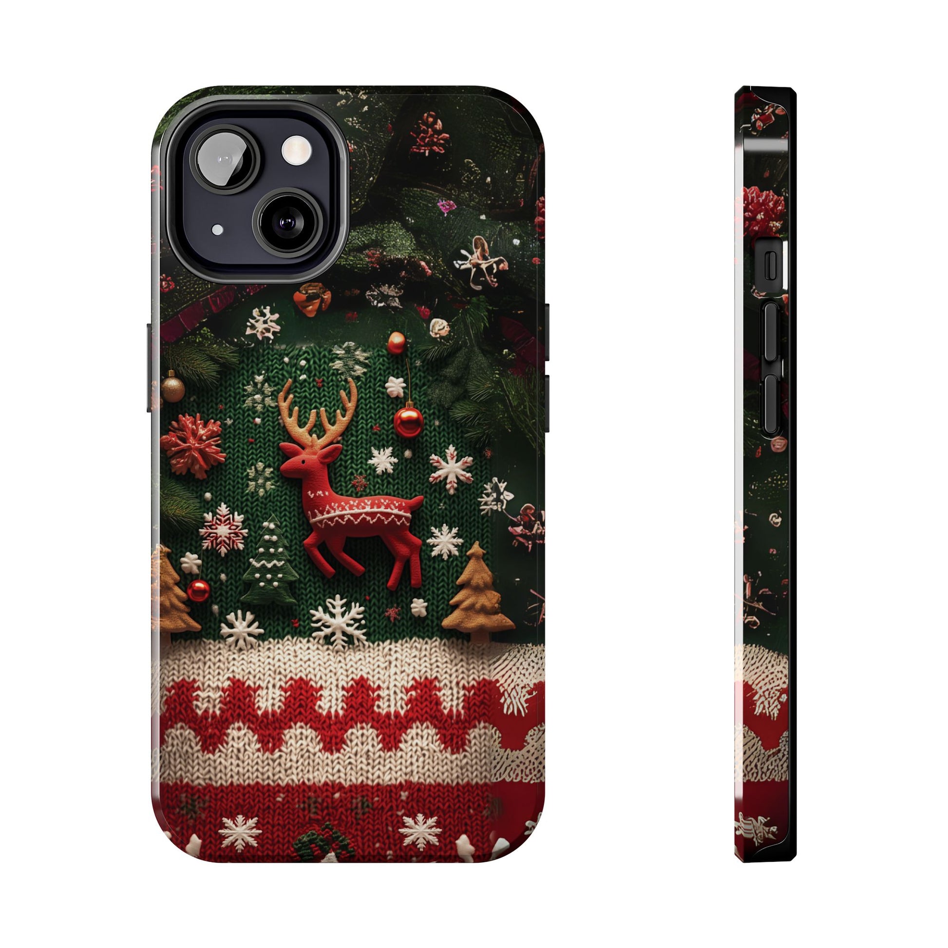 Ugly Christmas Sweater Rudolph Phone Case Festive 3D Knit Textured Red White Green Holiday Red Nosed  Reindeer iPhone 13 14 15 16 Pro Max
