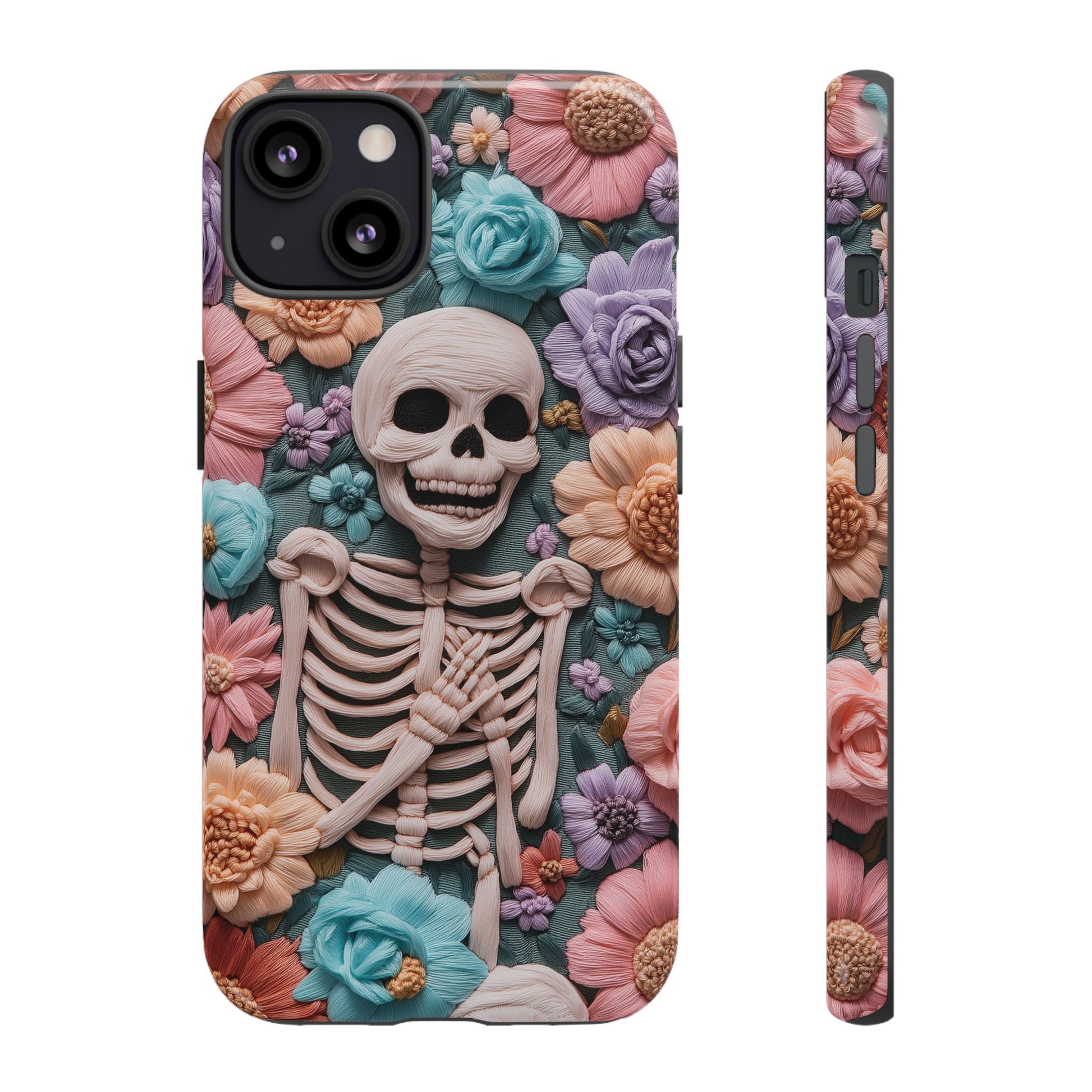 Embroidered Skeleton Gothic Cottagecore Halloween Phone Case 3D Look Flowers Pastel Custom 13 14 15 16 Pro Max Plus Galaxy Pixel
