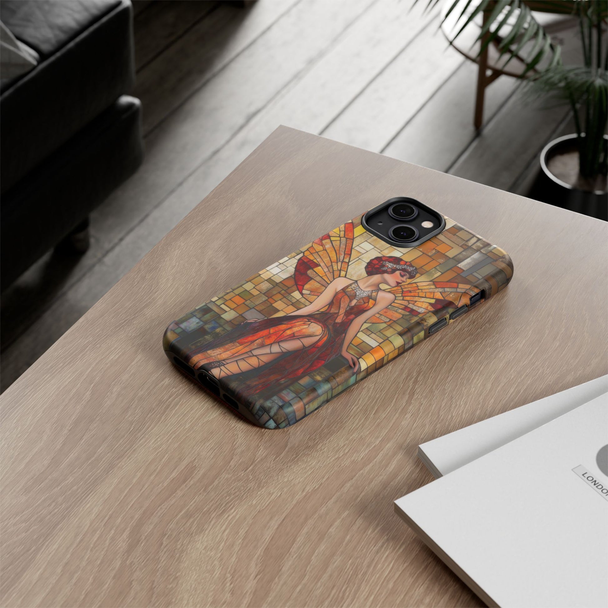 Phone Case Art Deco Flapper Fairy Woman Mosaic Stained 1920s Art Nouveau Design in Red Yellow Orange Alphonse Mucha Gatsby Style Poster