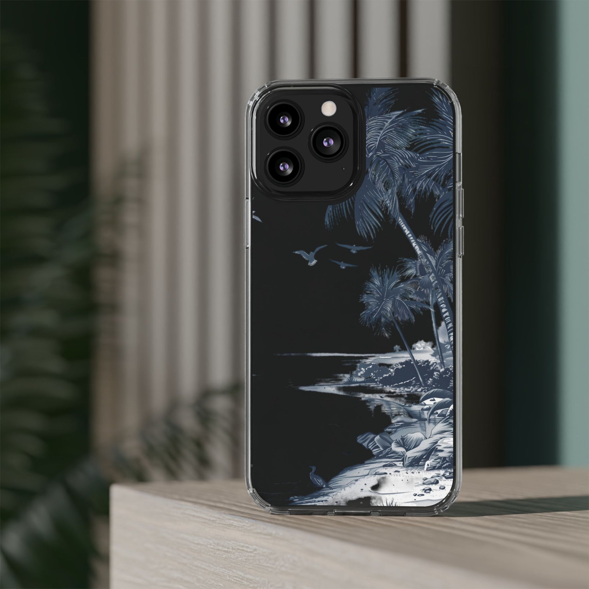 Hand-Drawn Art Beach Scene Clear Phone Case Tropical Palm Trees Surfing iPhone 13 14 15 16 Pro Max Galaxy S23
