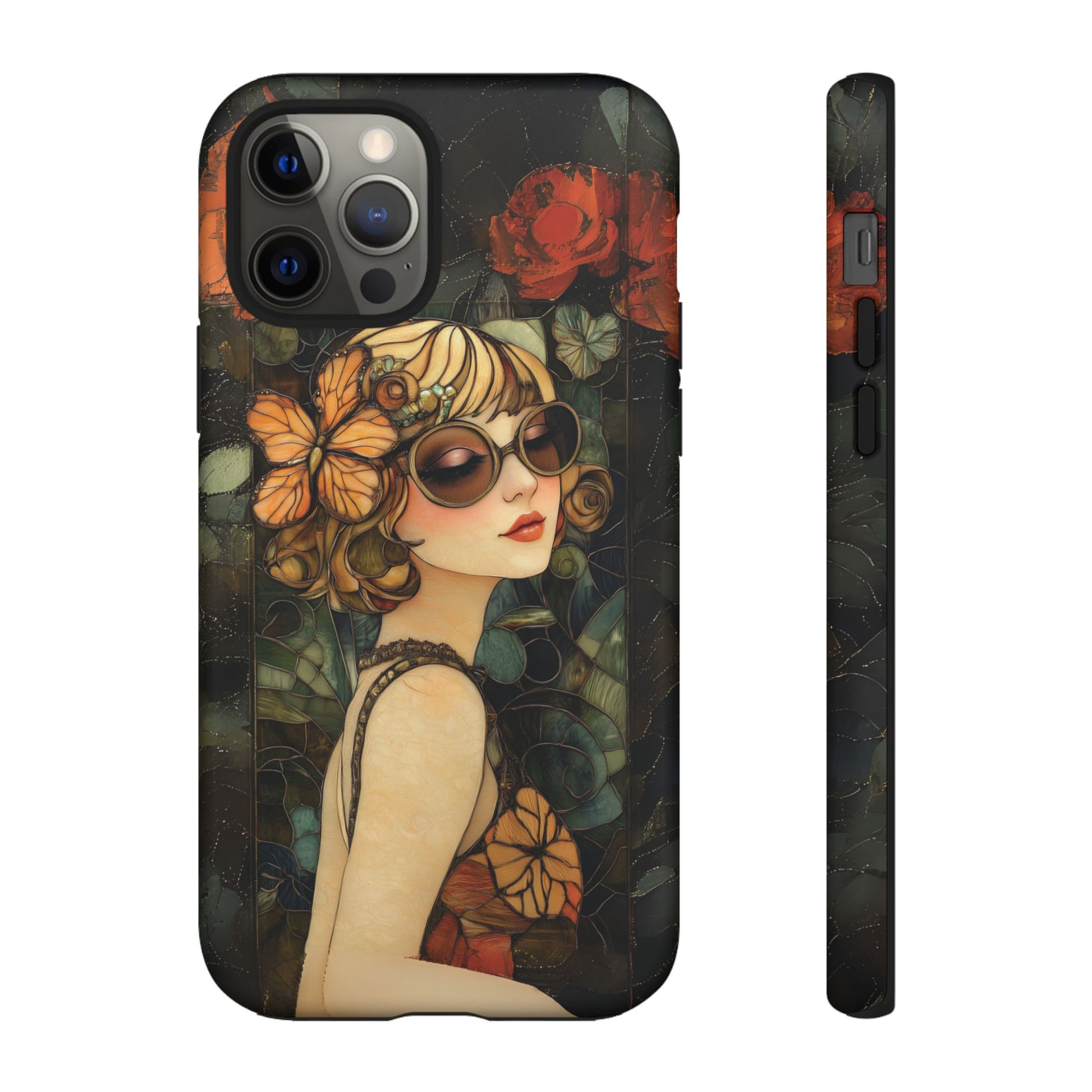Butterfly Art Deco Flapper Woman Mosaic Phone Case 1920s Art Nouveau Design in Red Stained Glass Alphonse Mucha Style Gatsby Style Poster