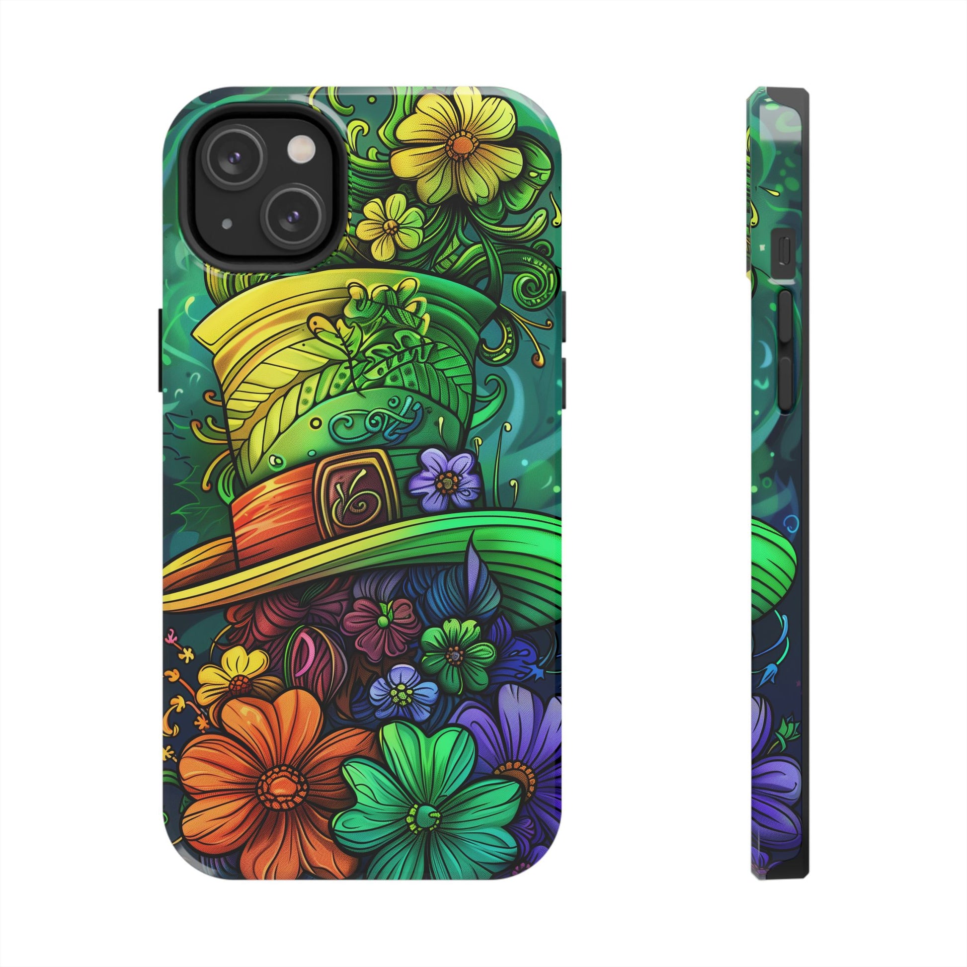 Rainbow St. Patricks Day Good Lucky Phone Case Green Shamrock Protective Tough Durable iPhone 13 14 15 16 Pro Max Plus Galaxy Top Hat Charm