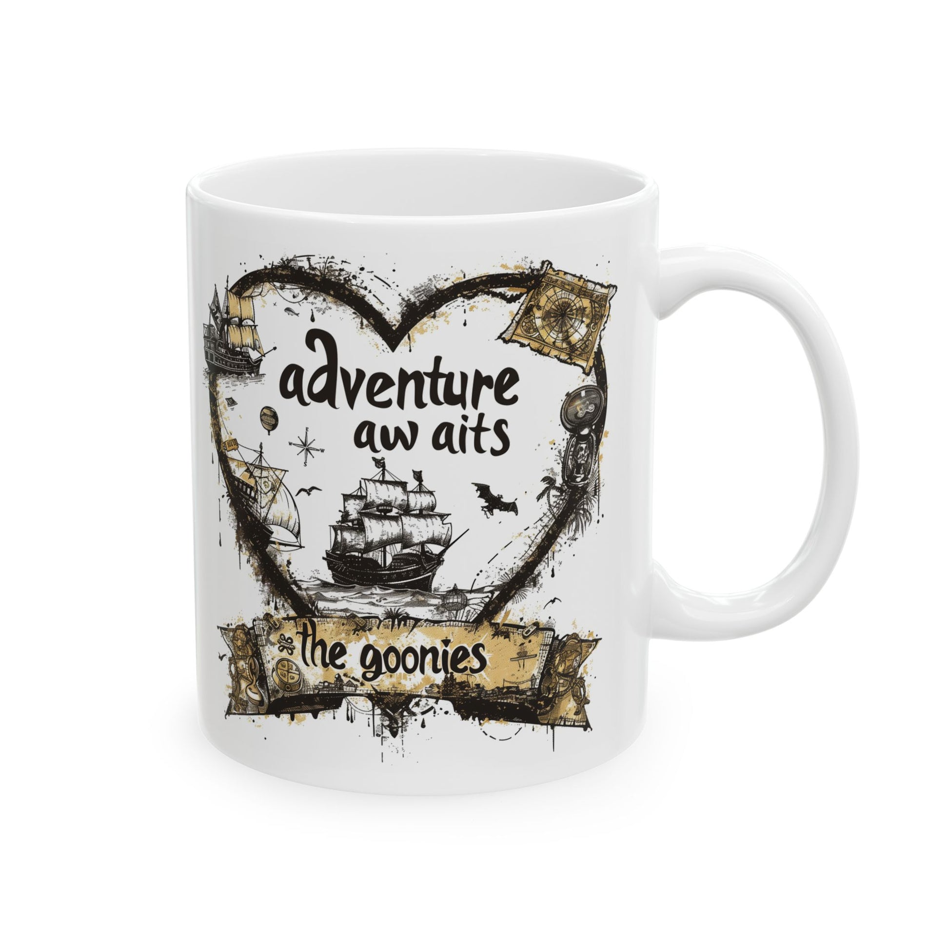 White mug with 'adventure aint nothin' graphic and 'the goonies' text on a white background