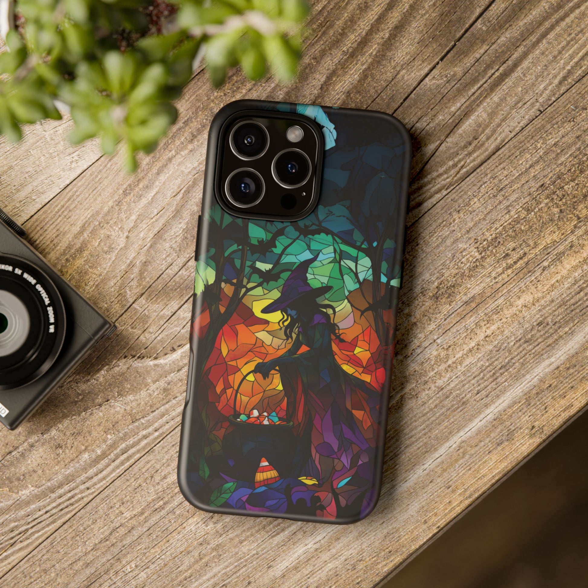 Halloween Witch Stained Glass Dark Academia Spooky Fall Witchy Pumpkin Bats Seasonal Fall Mosaic Case iPhone 13 14 15 16 Pro Max