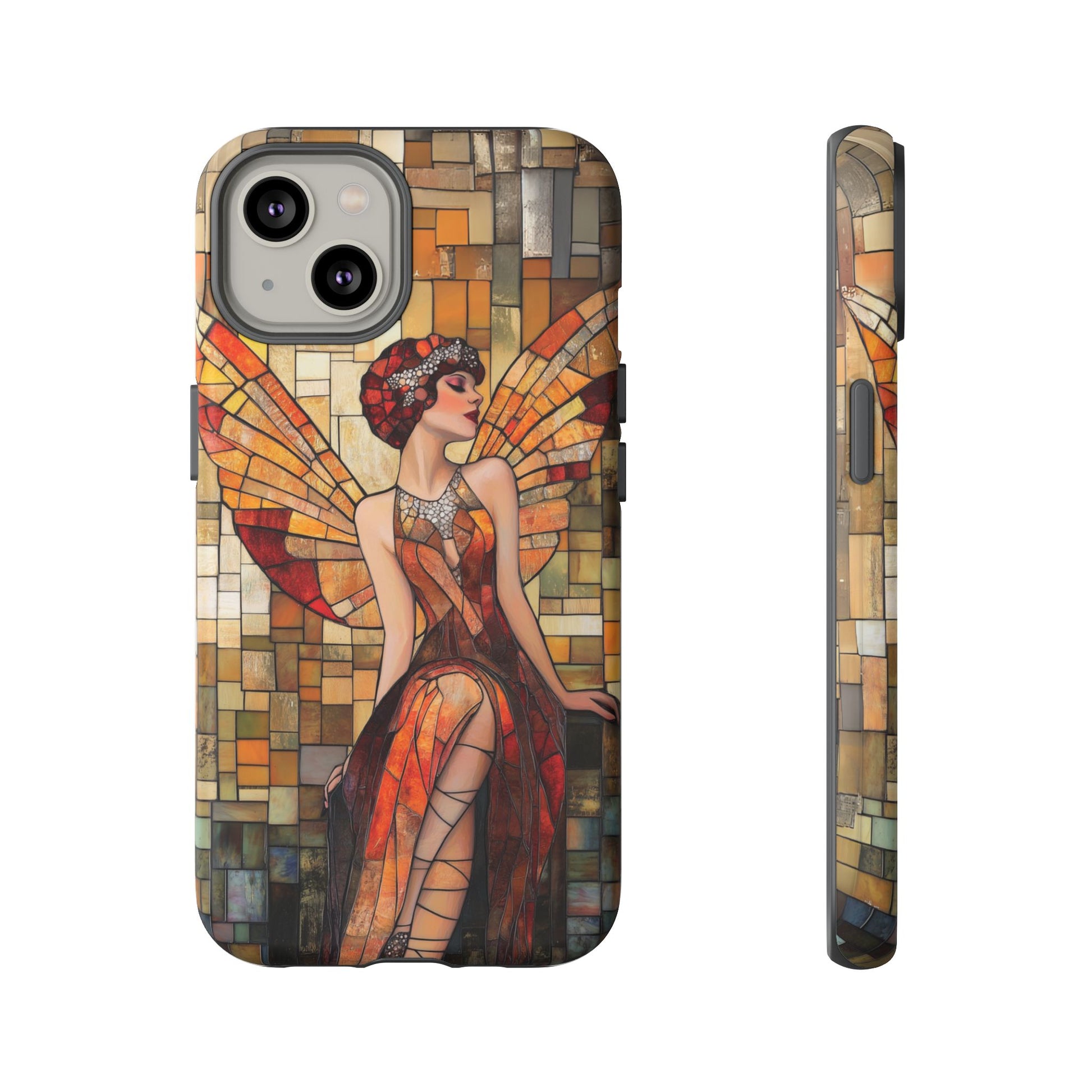 Phone Case Art Deco Flapper Fairy Woman Mosaic Stained 1920s Art Nouveau Design in Red Yellow Orange Alphonse Mucha Gatsby Style Poster