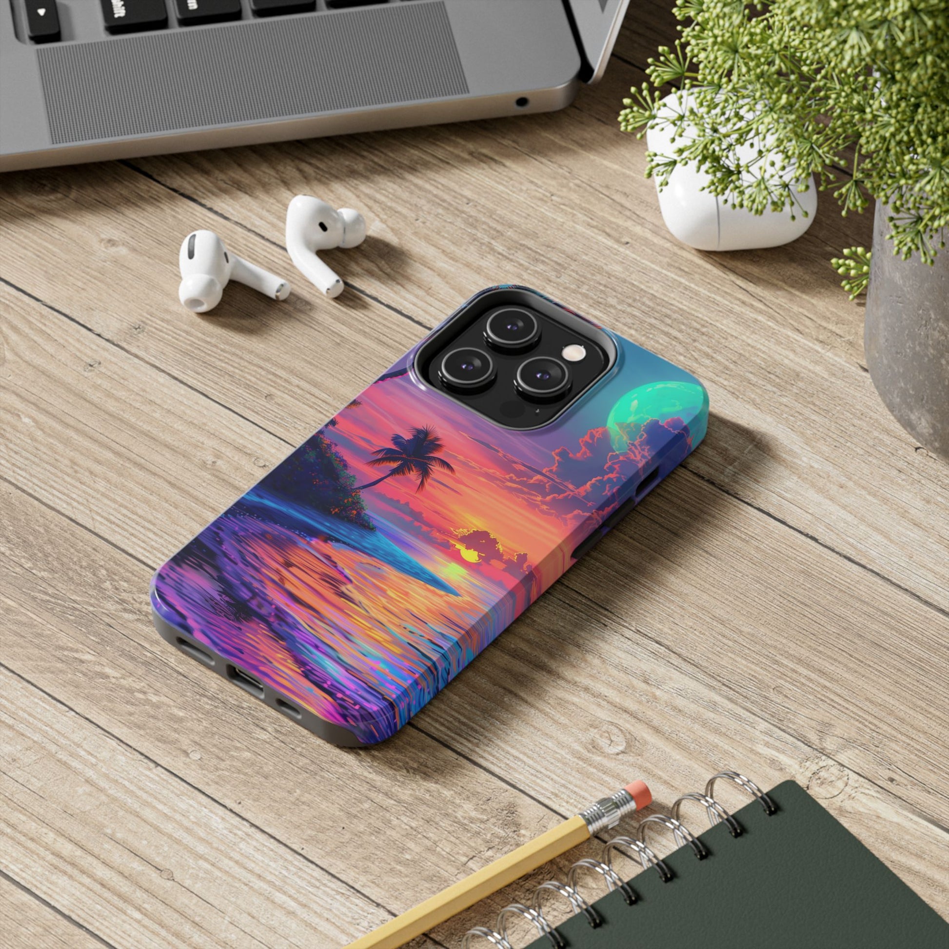 Tough Beach Scene Phone Case - Durable Phone Cover with Lisa Frank Inspired Beach Art - Protective Case with Vibrant Beach Design