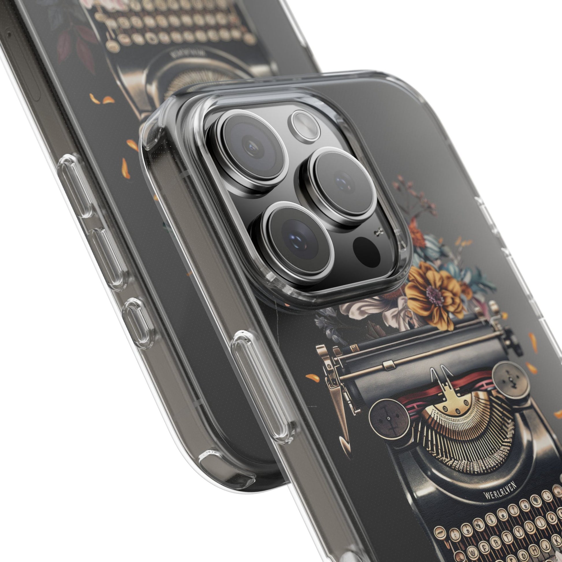 Vintage Cottagecore Typewriter Clear Phone Case with Floral Dark Academia Nostalgic Artistic Typography iPhone 13 14 15 16 Pro Max