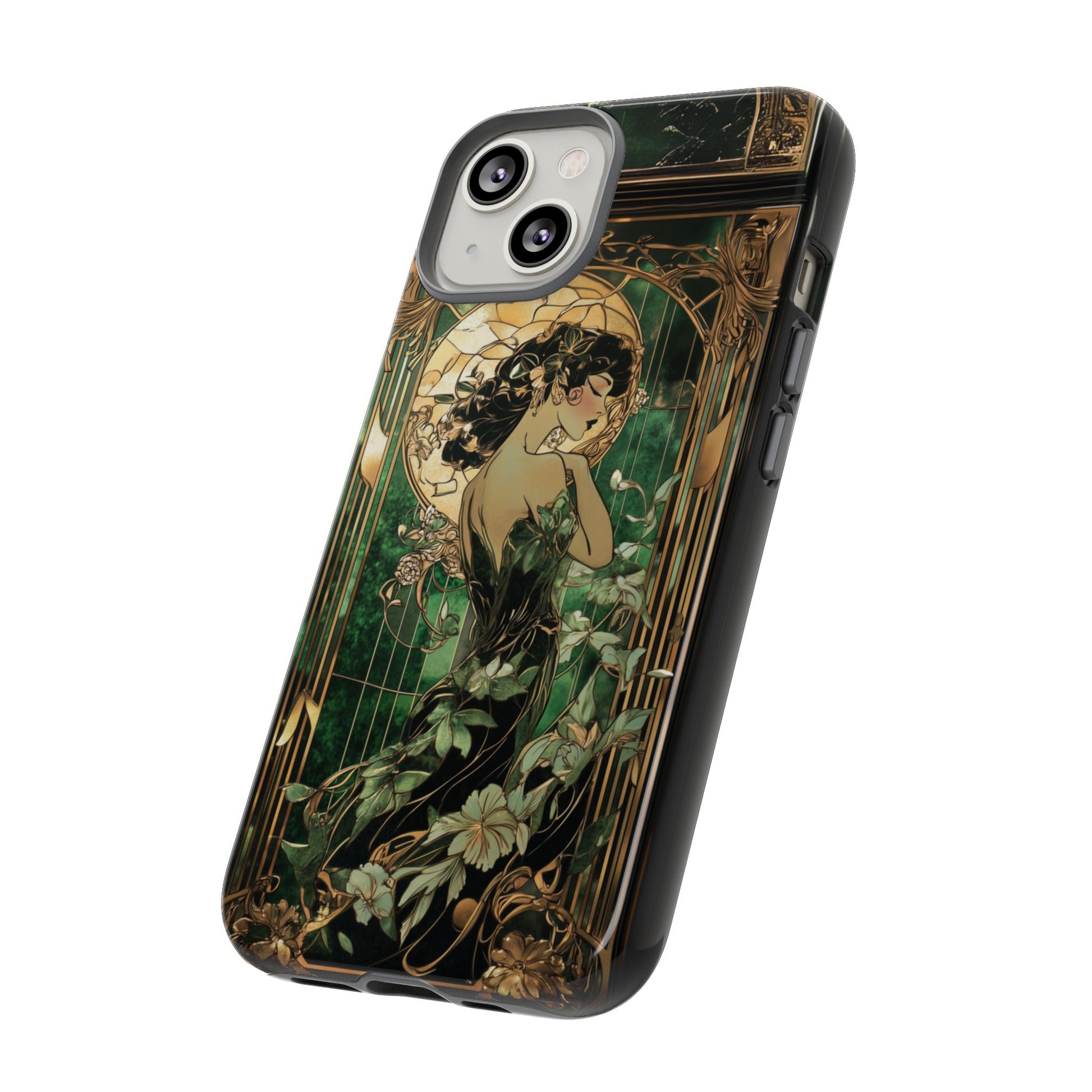 Art Deco Fairy Flapper Woman Phone Case 1920s Art Nouveau Design in Emerald & Gold Alphonse Mucha Style Gatsby Style Poster