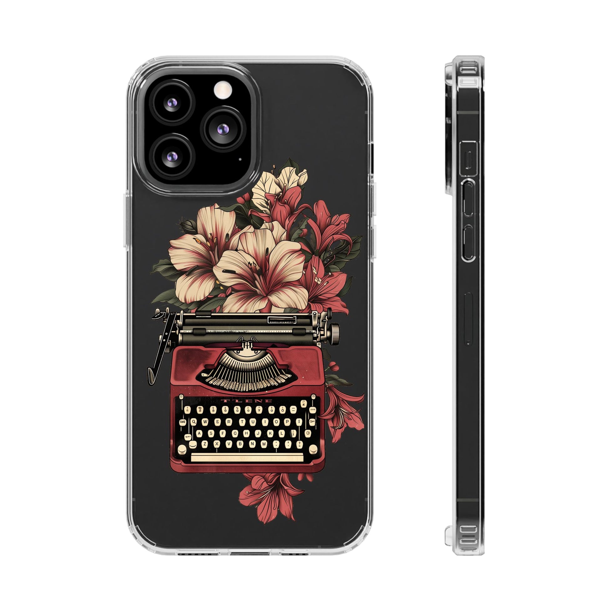 Dark Academia Clear Phone Case Vintage Typewriter Floral Accents Cottagecore Typography Nostalgic Typewriter iPhone 13 14 15 16 Pro Max