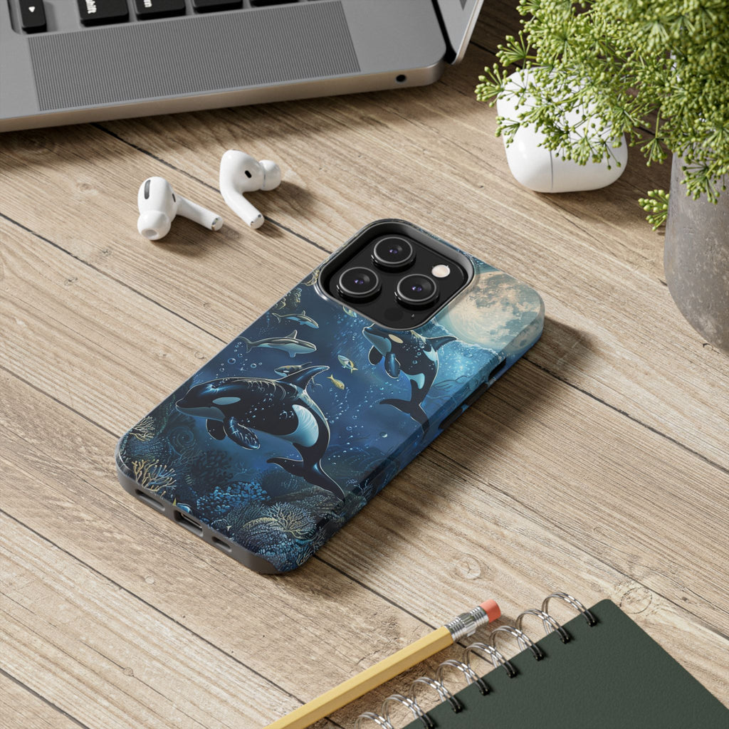 Orca Killer Whale Phone Case Ocean Moonlight Coral Reef Marine Life iPhone 13 14 15 16 pro max Sealife Oceanology Scuba Diving
