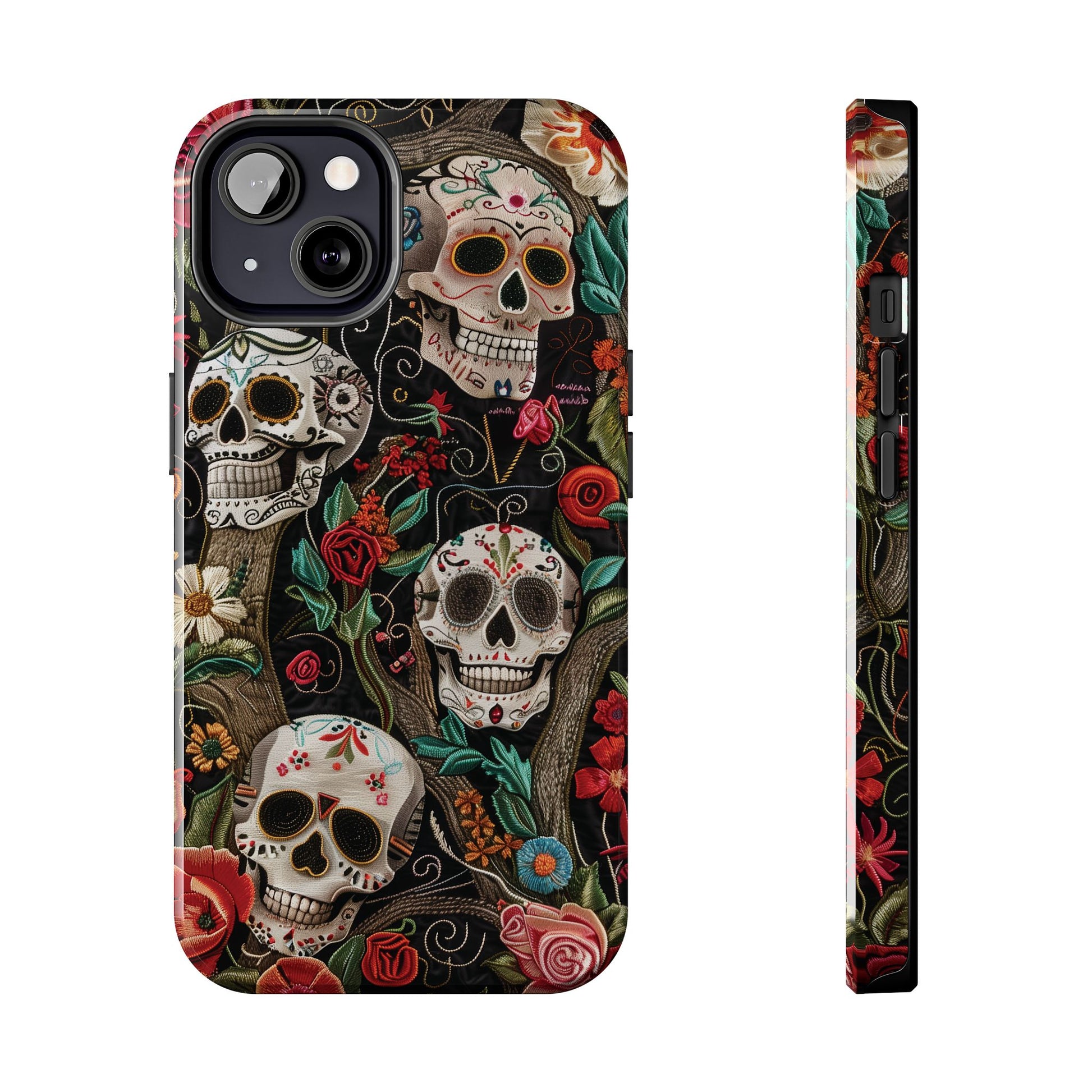 Embroidered Look Sugar Skulls Phone Case, Flowers and Skulls, Halloween Cottagecore Day of the Dead, iPhone Dia de Los Muertos Gothic