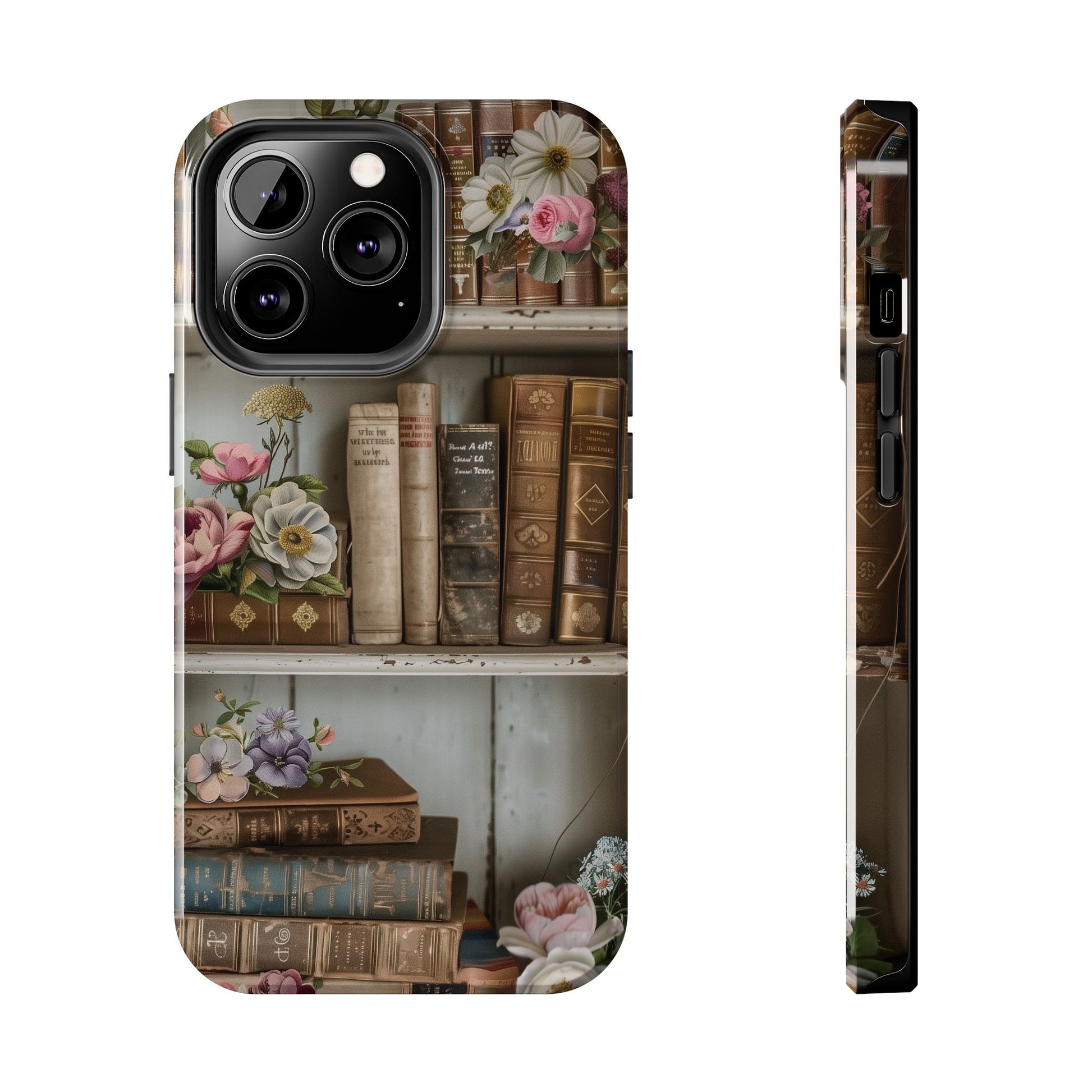 Vintage Book Stack Cottagecore Phone Case, Books with Floral Decor, Leather & Cloth Fliral iPhone Case, Pastel Roses Daisies Wildflowers
