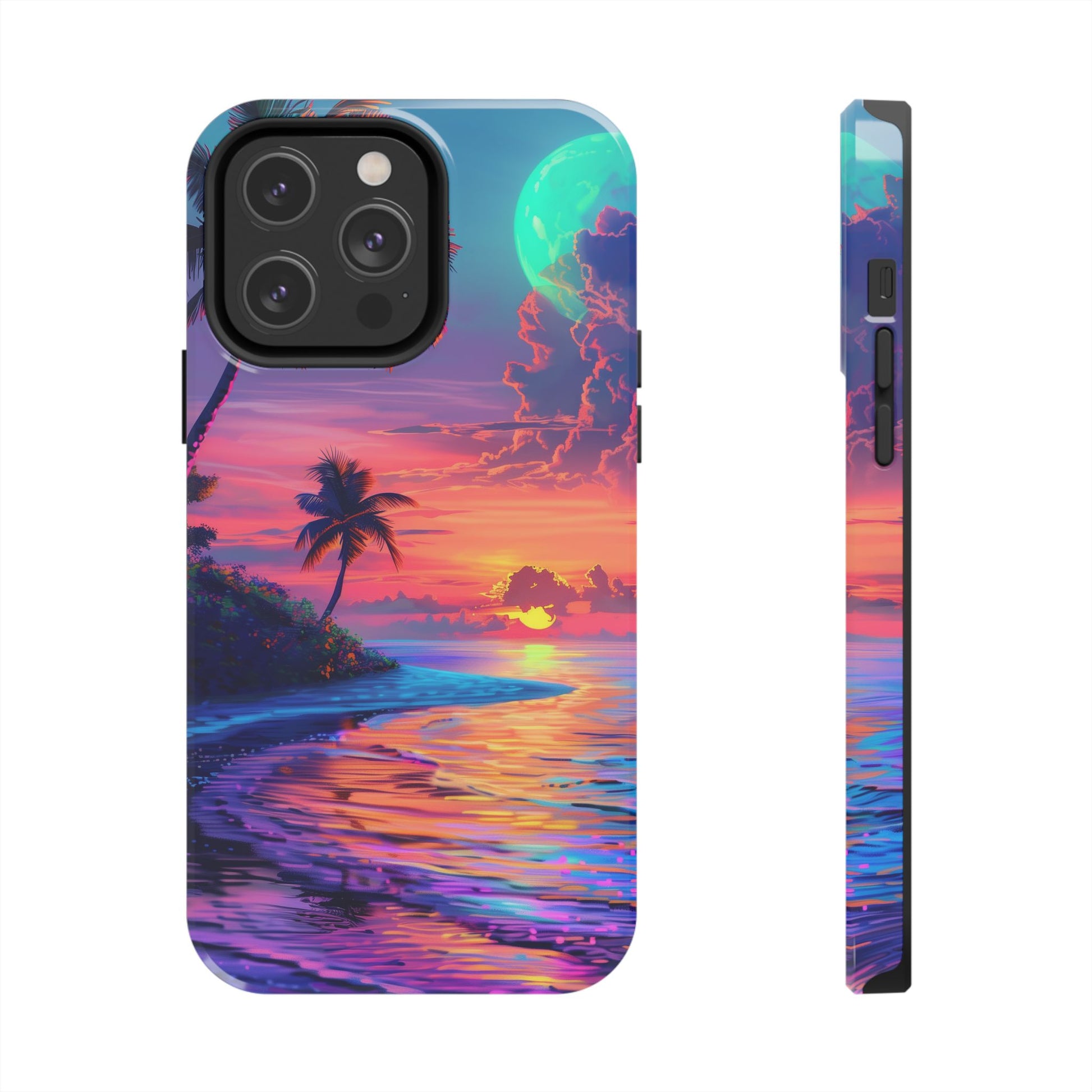 Tough Beach Scene Phone Case - Durable Phone Cover with Lisa Frank Inspired Beach Art - Protective Case with Vibrant Beach Design