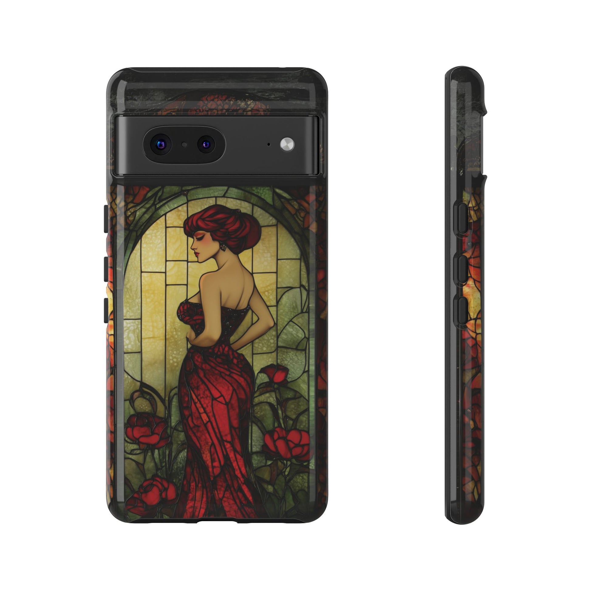 Art Deco Flapper Woman Rose Phone Case 1920s Art Nouveau Design in Red Stained Glass Alphonse Mucha Style Gatsby Style Poster
