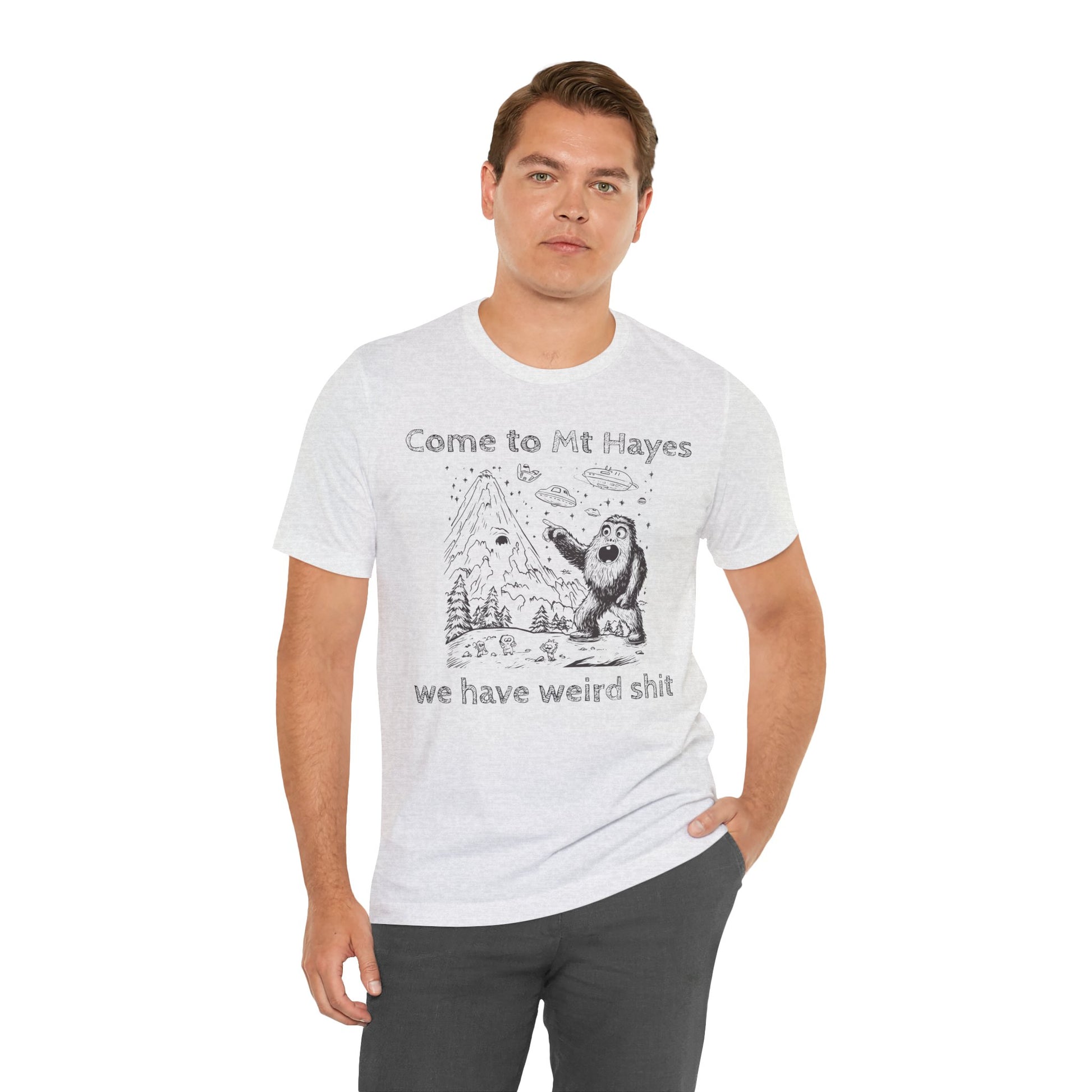 Alien Conspiracy Unisex Tee, Bigfoot Mountain Sketch Shirt, UFO Weird Stuff Tshirt, California Men's Top, Space Extraterrestrial Shirt