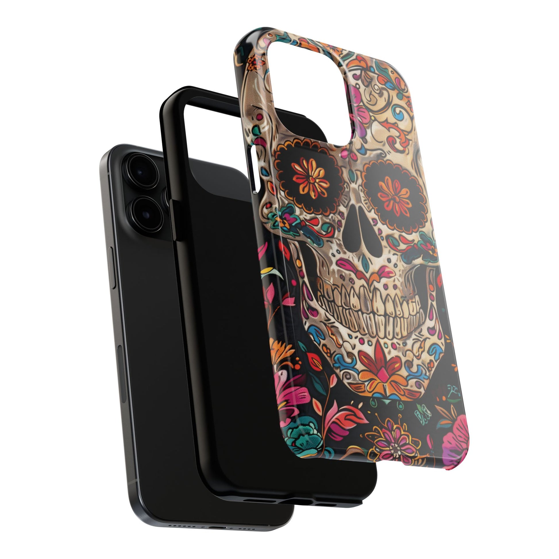 Sugar Skull Phone Case Flowers and Skeletons, Halloween Cottagecore Day of the Dead, Dia de Los Muertos Gothic, iPhone 15 Spooky Case
