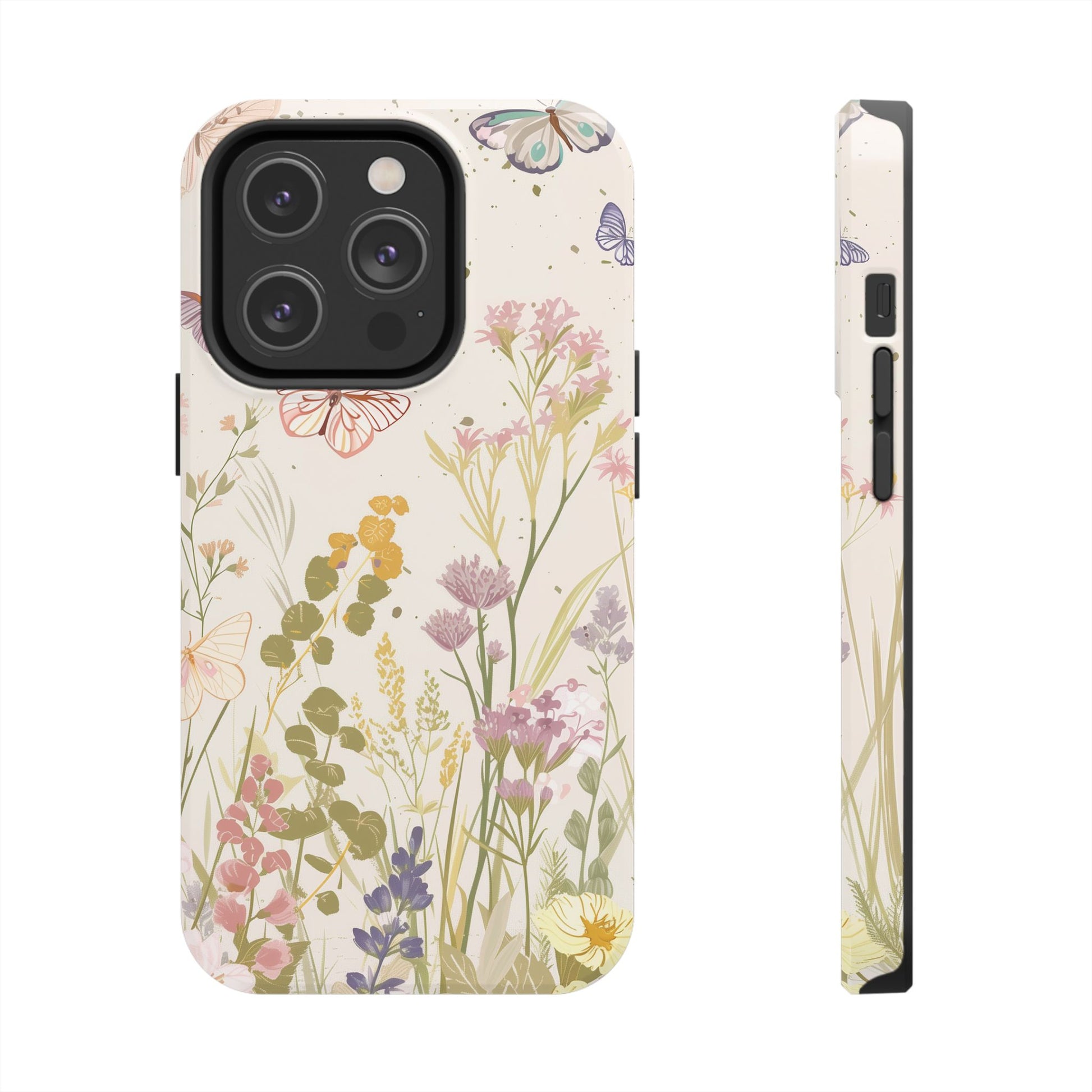 Butterfly Meadow Scene Cottagecore iPhone 15, Pastel Wildflowers & Butterflies, Natural iPhone Case, Cottagecore Garden Case, iPhone 14