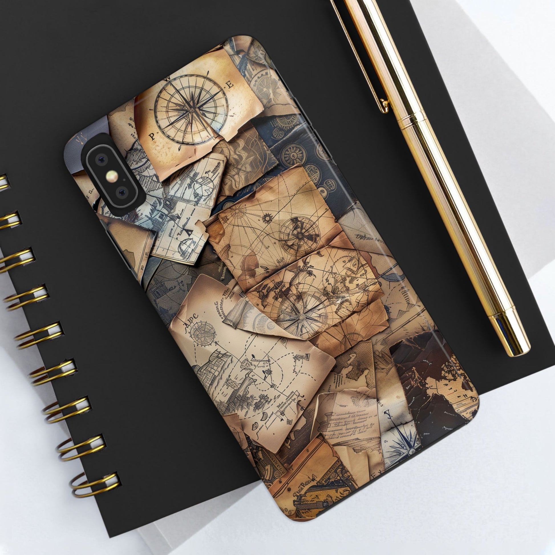 Double Layer Adventure Phone Case - Protective Phone Case Vintage Map and Compass Design - Dual Layer Case with Map Print