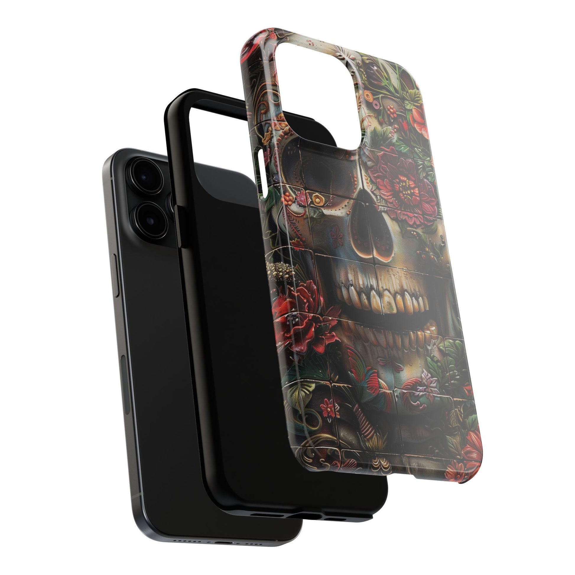 Sugar Skull Phone Case Flowers and Skeletons, Halloween Cottagecore Day of the Dead, Dia de Los Muertos Gothic, iPhone 15 Spooky Case