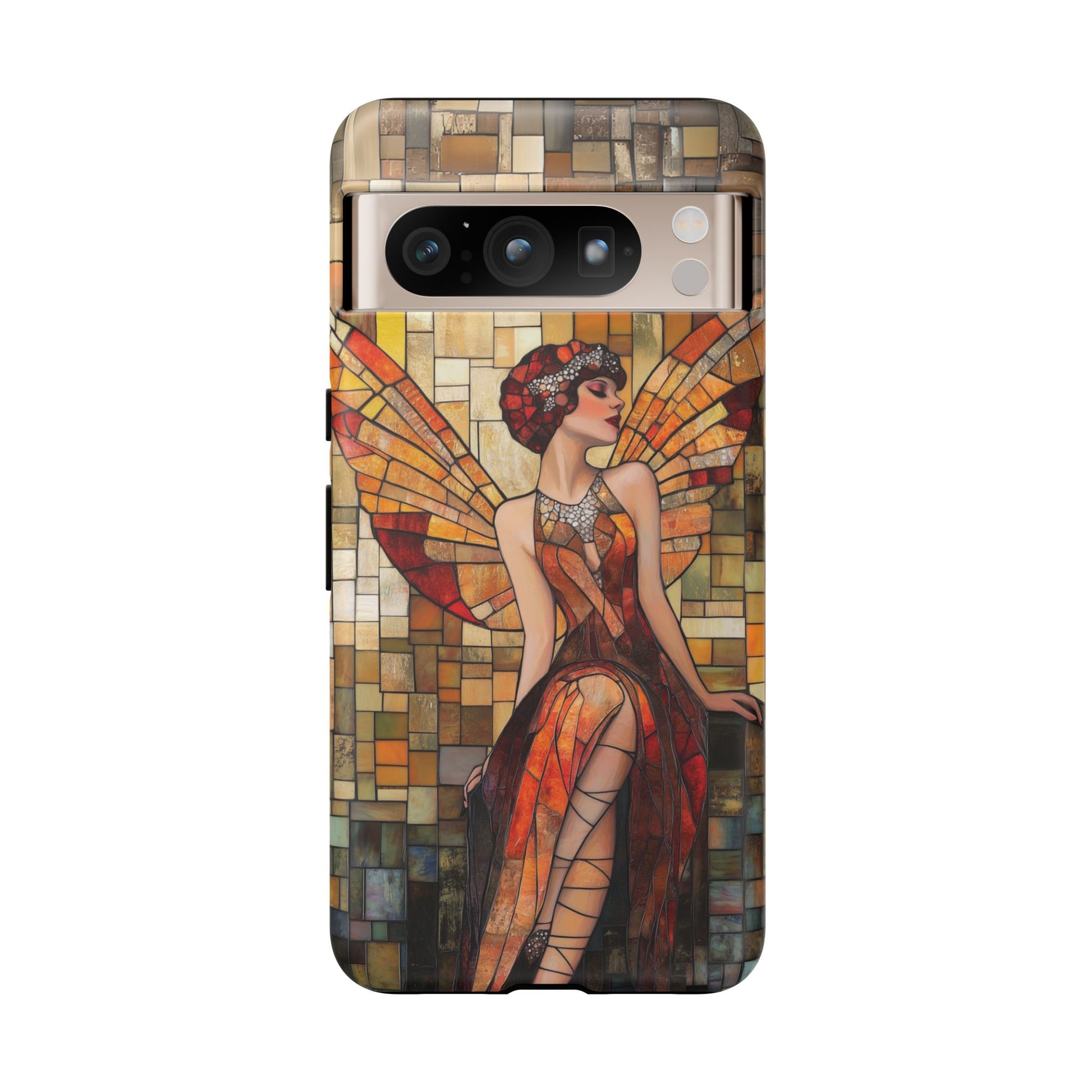Phone Case Art Deco Flapper Fairy Woman Mosaic Stained 1920s Art Nouveau Design in Red Yellow Orange Alphonse Mucha Gatsby Style Poster