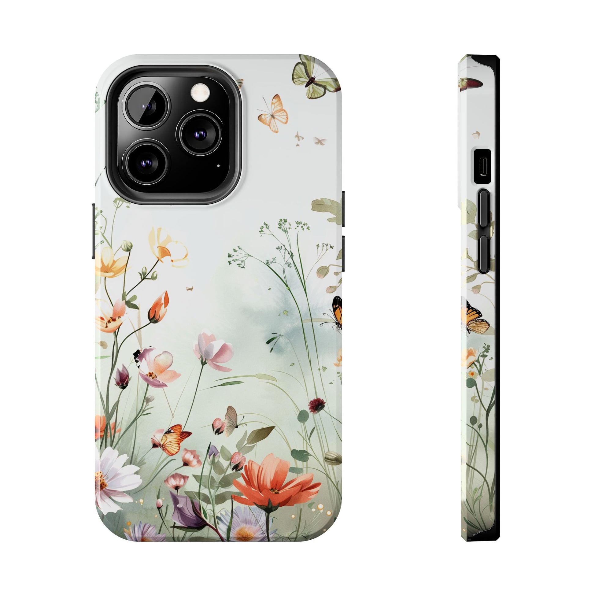 Butterfly Meadow Scene Cottagecore iPhone 15, Pastel Wildflowers & Butterflies, Natural iPhone Case, Cottagecore Garden Case, iPhone 14