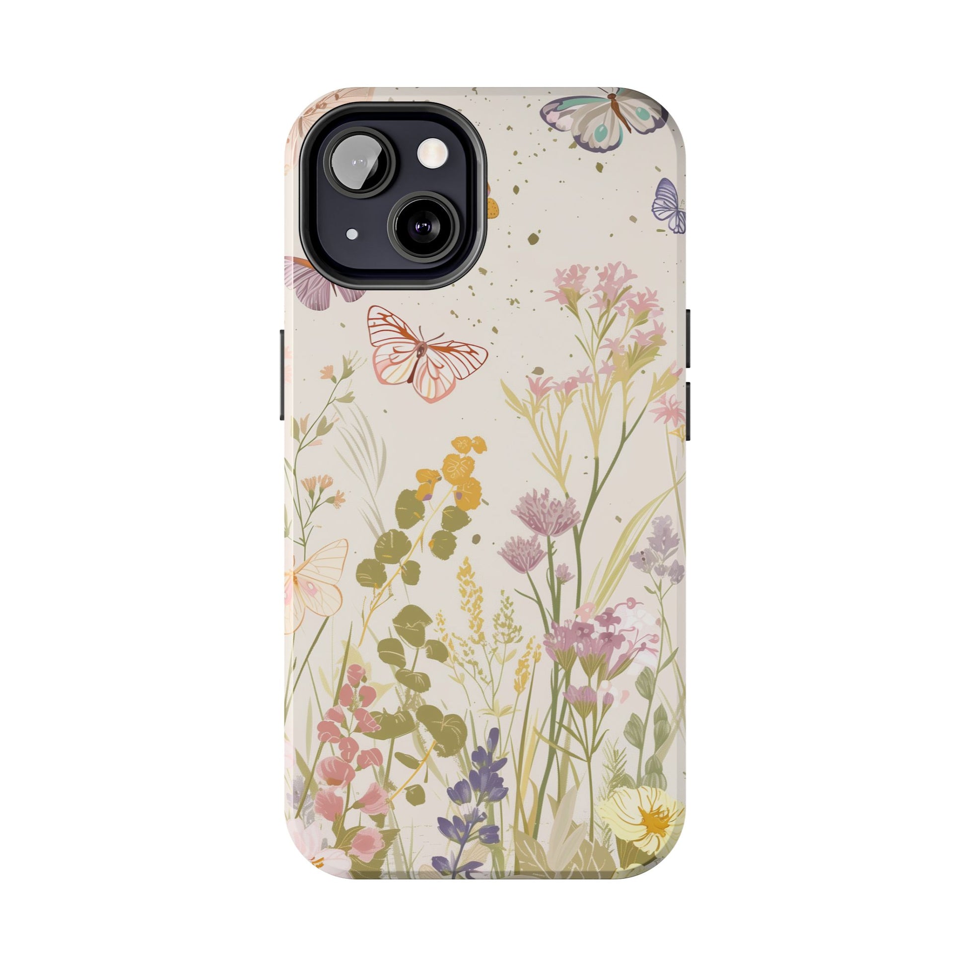 Butterfly Meadow Scene Cottagecore iPhone 15, Pastel Wildflowers & Butterflies, Natural iPhone Case, Cottagecore Garden Case, iPhone 14
