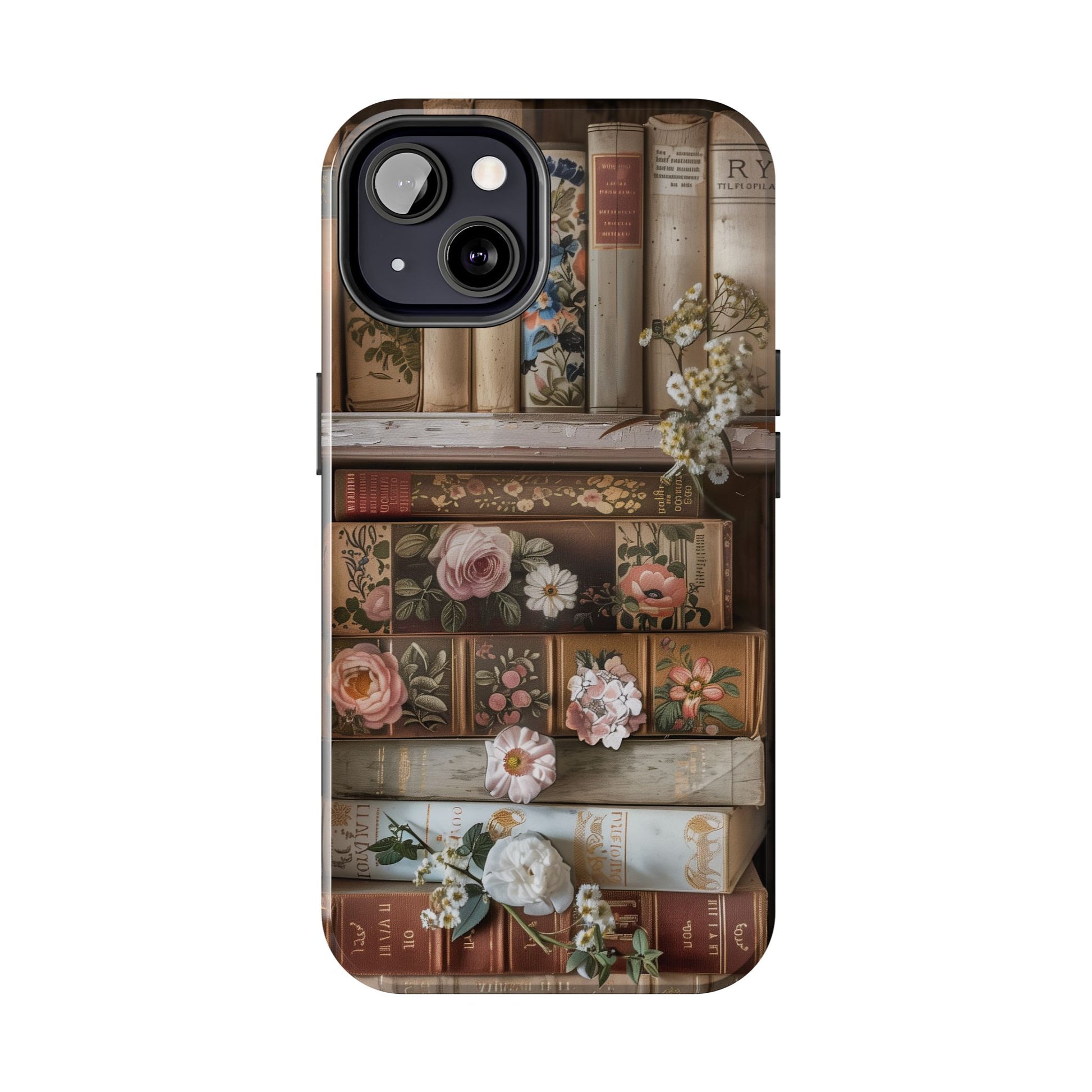 Vintage Book Stack Cottagecore Phone Case, Books with Floral Decor, Leather & Cloth Fliral iPhone Case, Pastel Roses Daisies Wildflowers