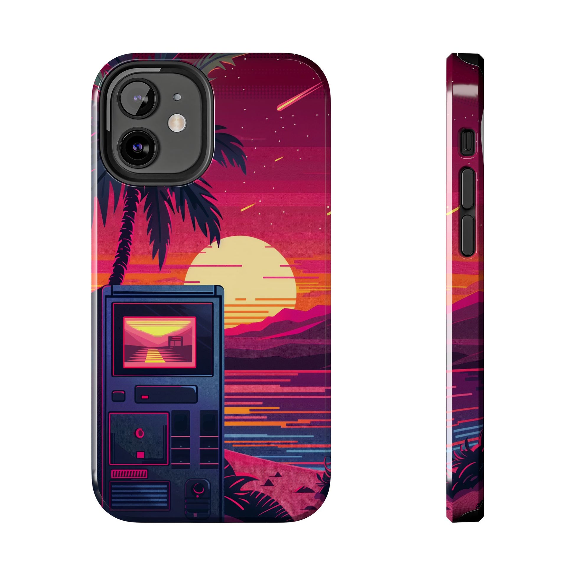 Vintage Sunset Beach Scene Art Print with Retro Video Game Console - Nostalgic Wall Decor - 80s Gaming Poster - Gamer Gift