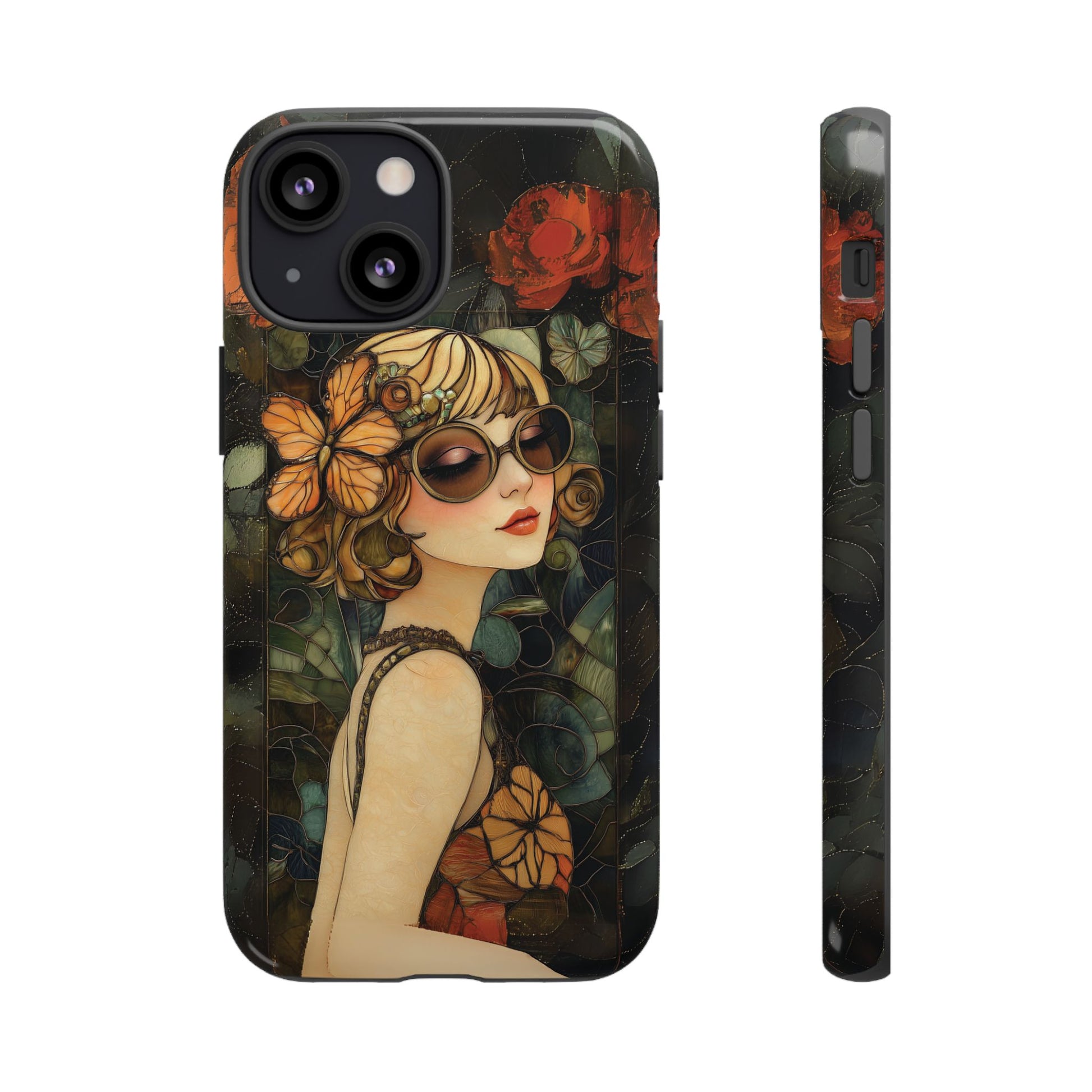 Butterfly Art Deco Flapper Woman Mosaic Phone Case 1920s Art Nouveau Design in Red Stained Glass Alphonse Mucha Style Gatsby Style Poster