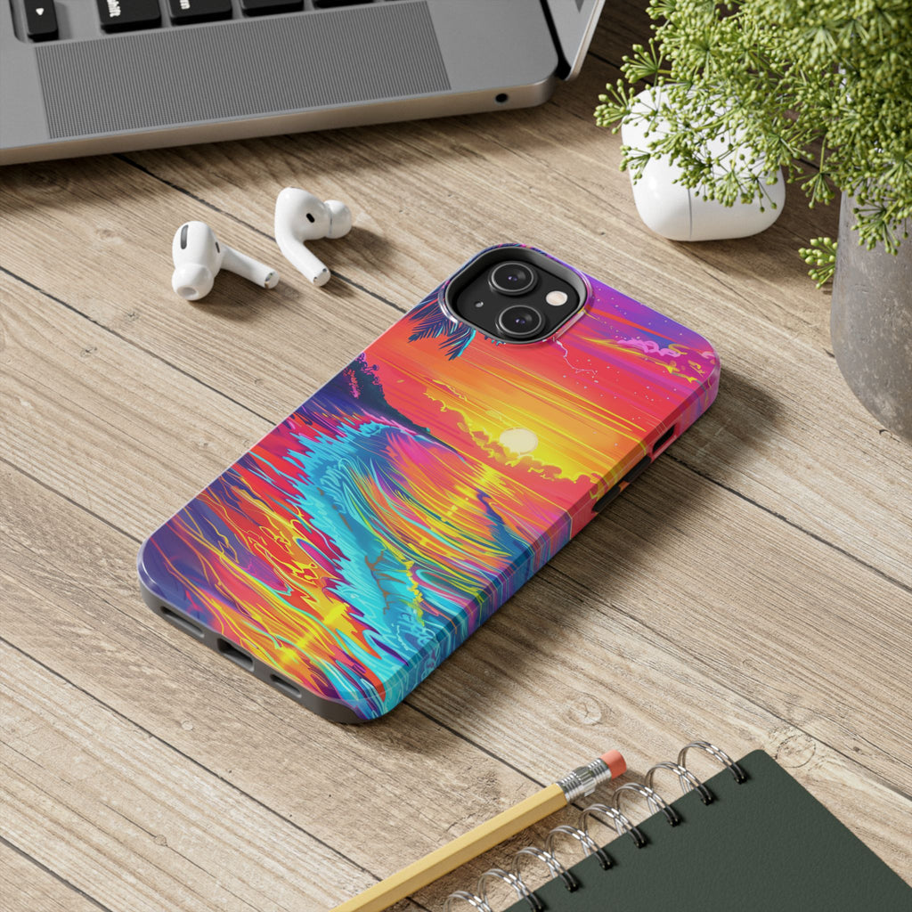 Tough Beach Sunrise Phone Case - Durable Case Lisa Frank Inspired Beach Art - Vibrant Beach Design - Colorful Phone Case for Beach Lovers