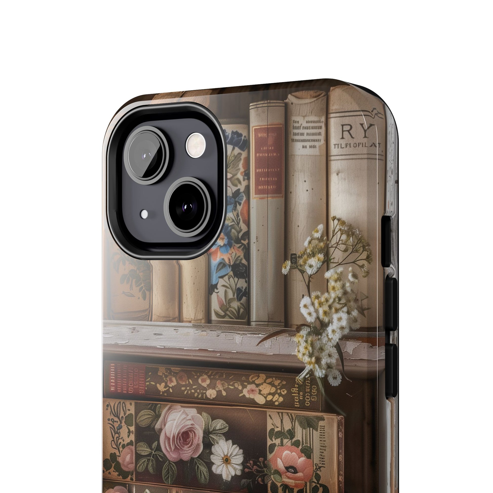 Vintage Book Stack Cottagecore Phone Case, Books with Floral Decor, Leather & Cloth Fliral iPhone Case, Pastel Roses Daisies Wildflowers