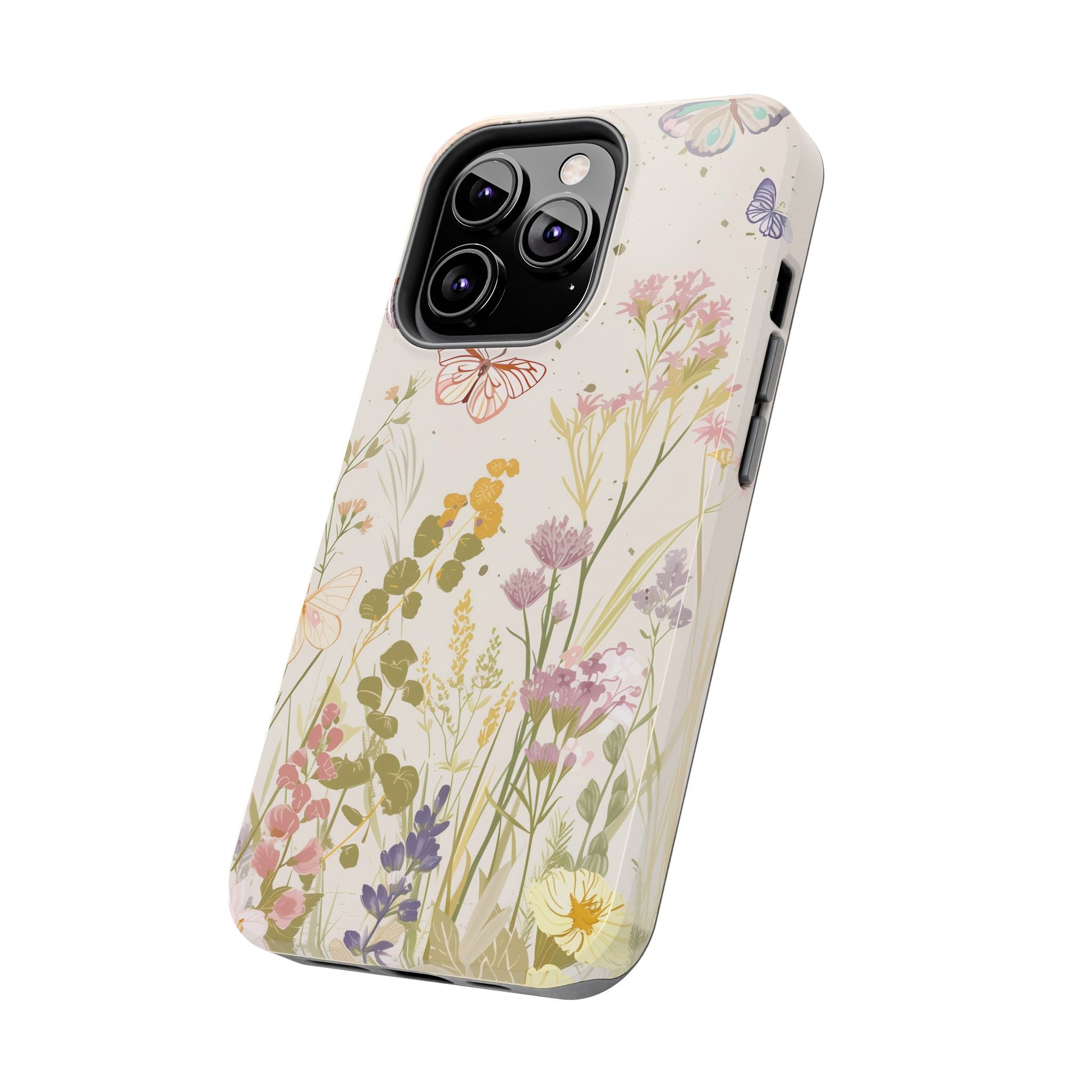 Butterfly Meadow Scene Cottagecore iPhone 15, Pastel Wildflowers & Butterflies, Natural iPhone Case, Cottagecore Garden Case, iPhone 14