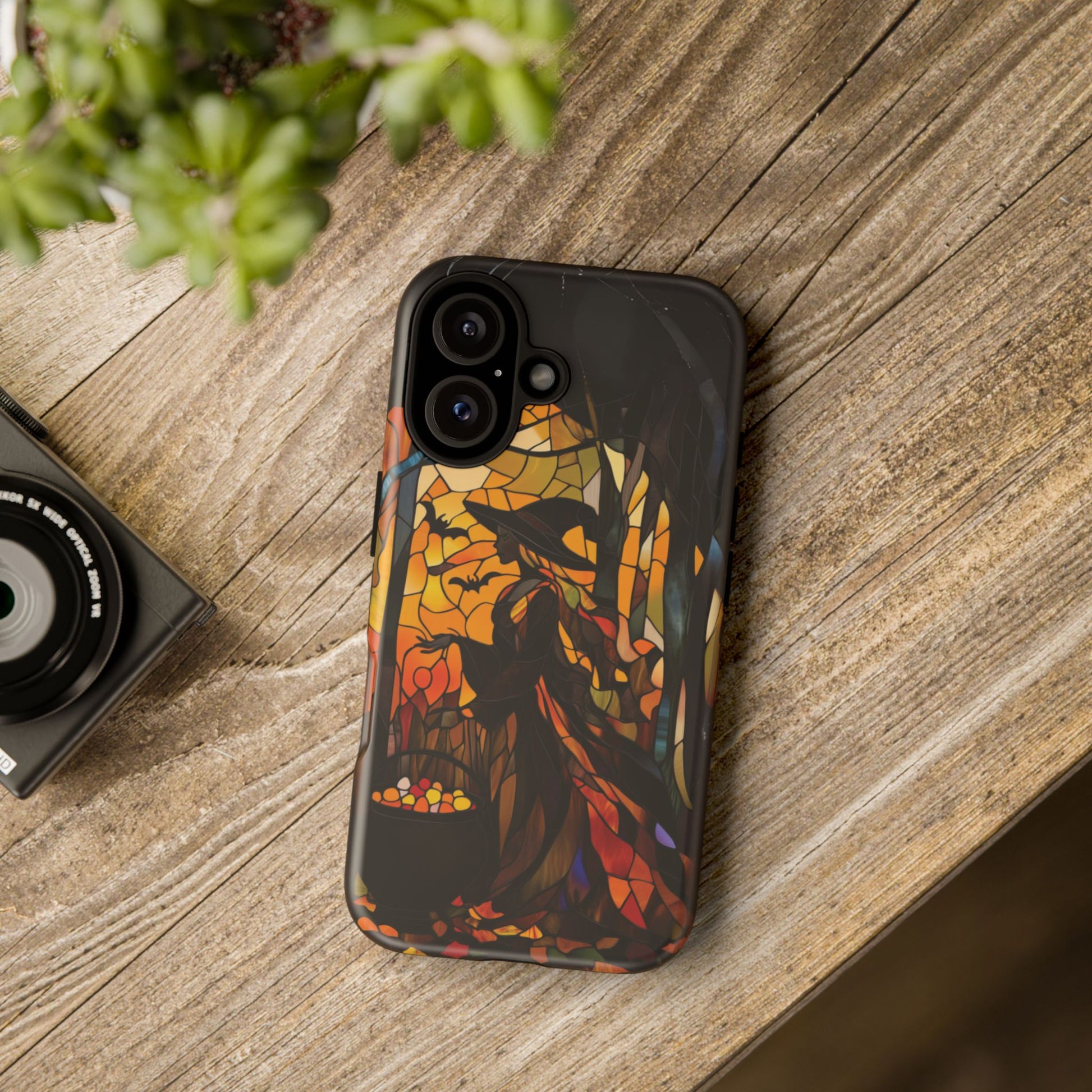 Halloween Witch Stained Glass Effect Dark Academia Spooky Fall Witchy Pumpkin Bats Seasonal Fall Mosaic Case iPhone 13 14 15 16 Pro Max