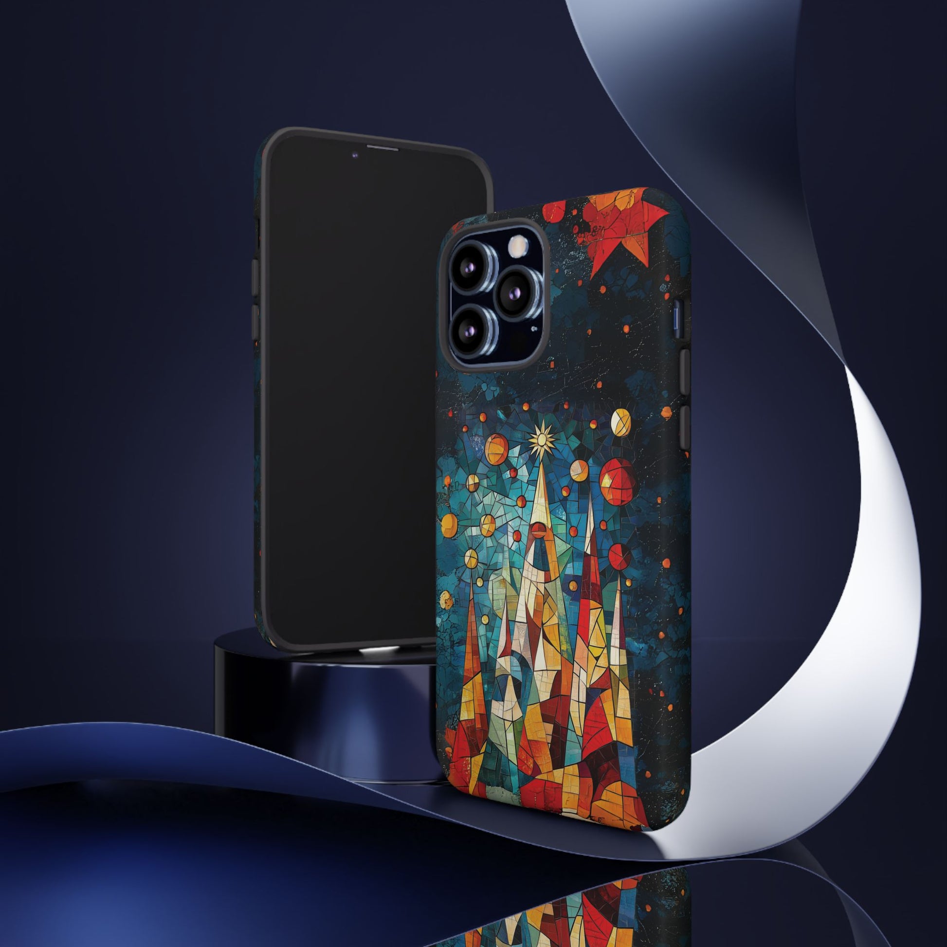 Mosaic Festive Christmas Tree Grove Art Deco Stained Glass Phone Case Rankin Style MidMod Design iPhone 13 14 15 16 Pro Max Pixel Galaxy
