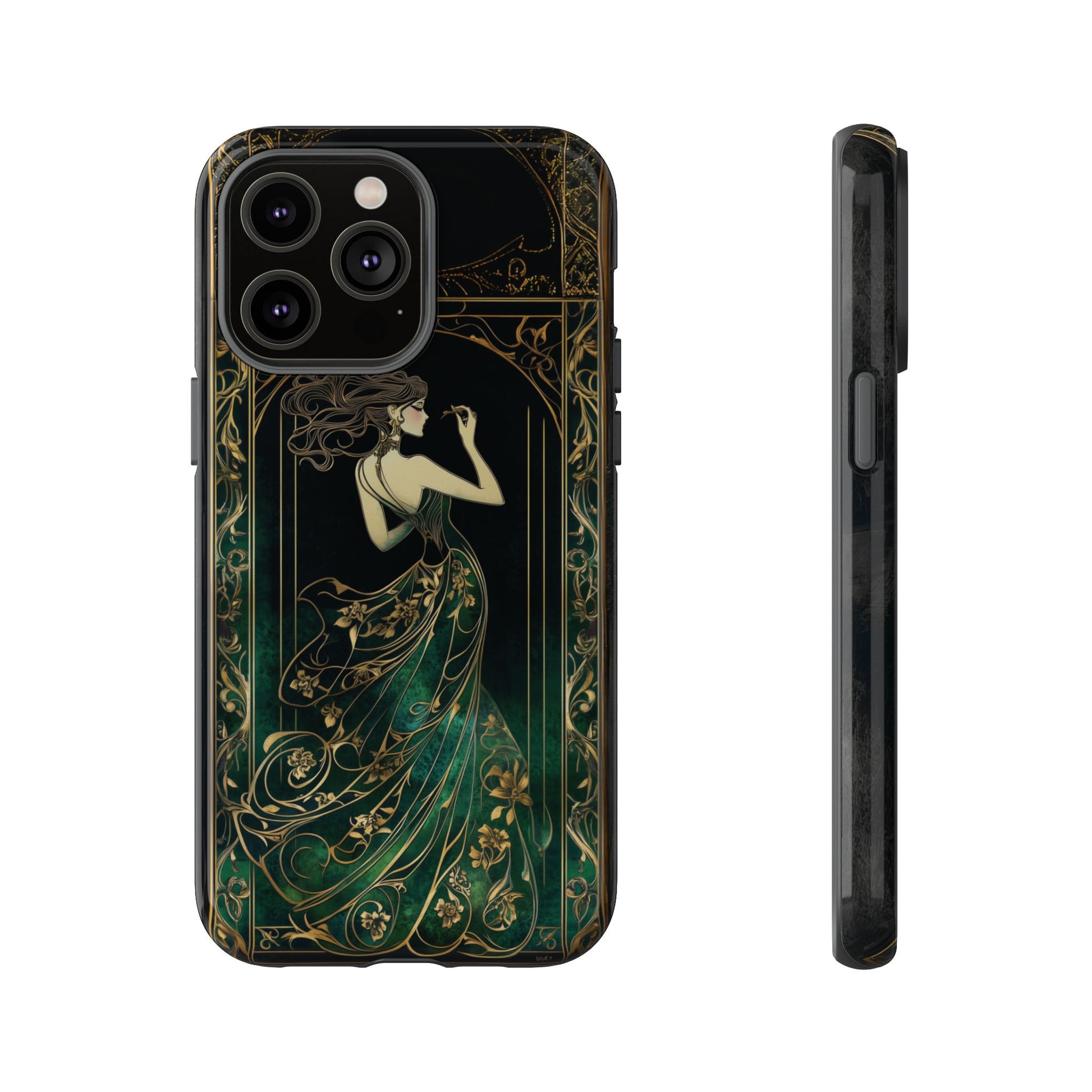 Art Deco Flapper Woman Phone Case 1920s Art Nouveau Design in Emerald & Gold Alphonse Mucha Style Gatsby Style Poster
