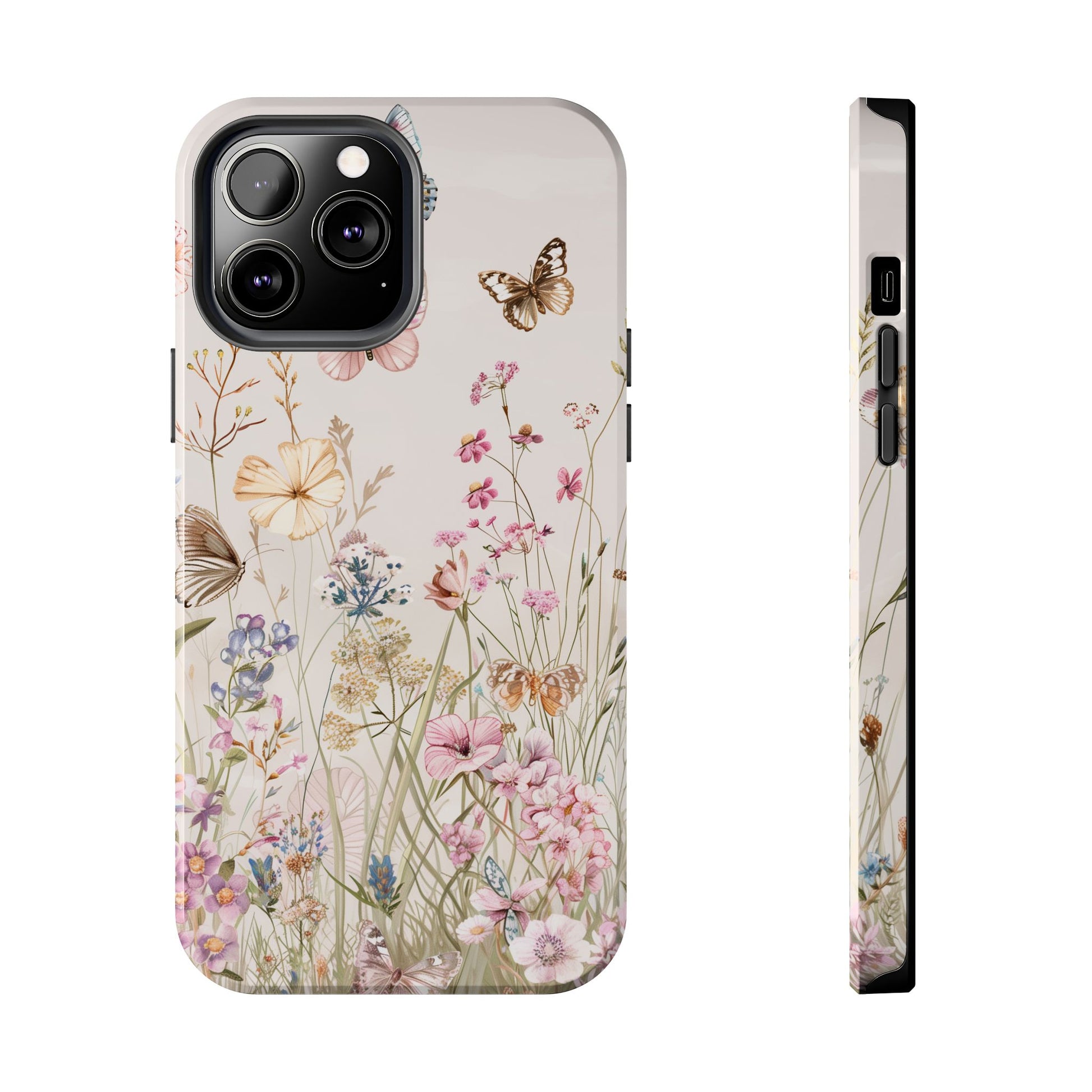 Butterfly Meadow Scene Cottagecore iPhone 15, Pastel Wildflowers & Butterflies, Natural iPhone Case, Cottagecore Garden Case, iPhone 14