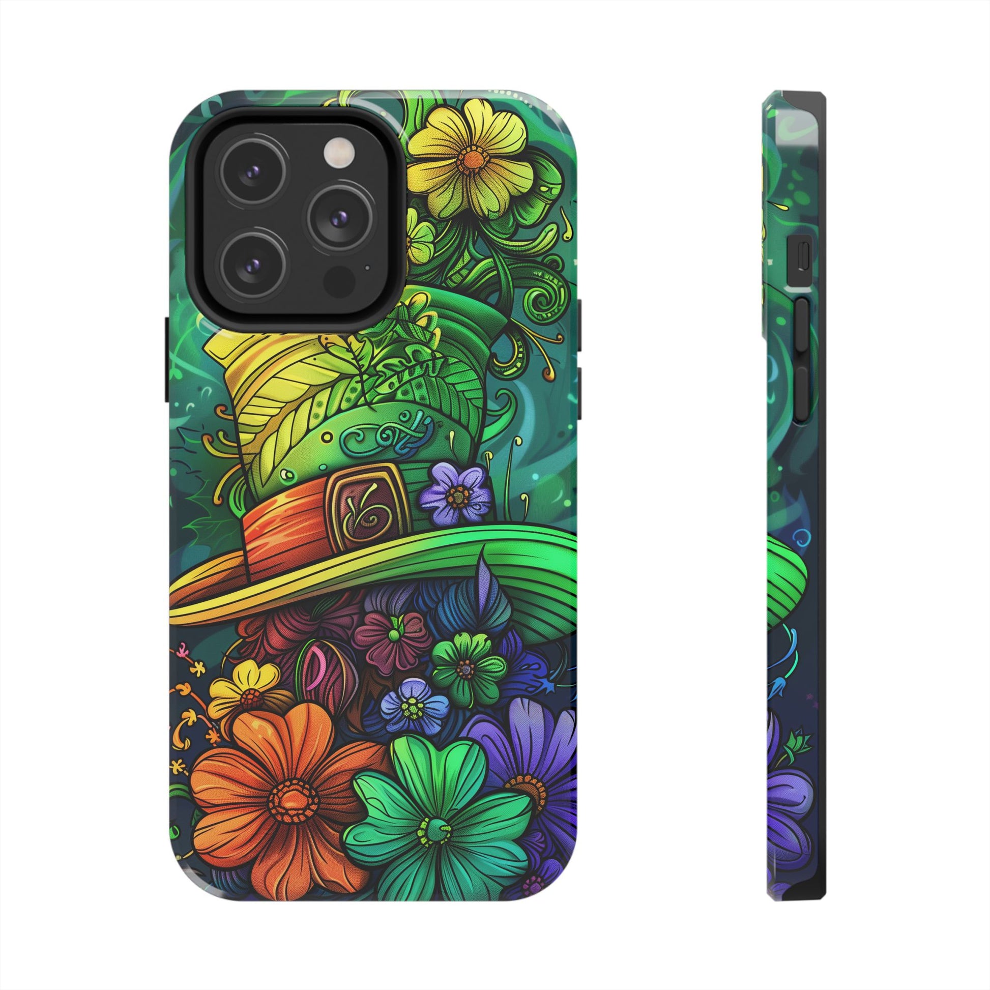 Rainbow St. Patricks Day Good Lucky Phone Case Green Shamrock Protective Tough Durable iPhone 13 14 15 16 Pro Max Plus Galaxy Top Hat Charm