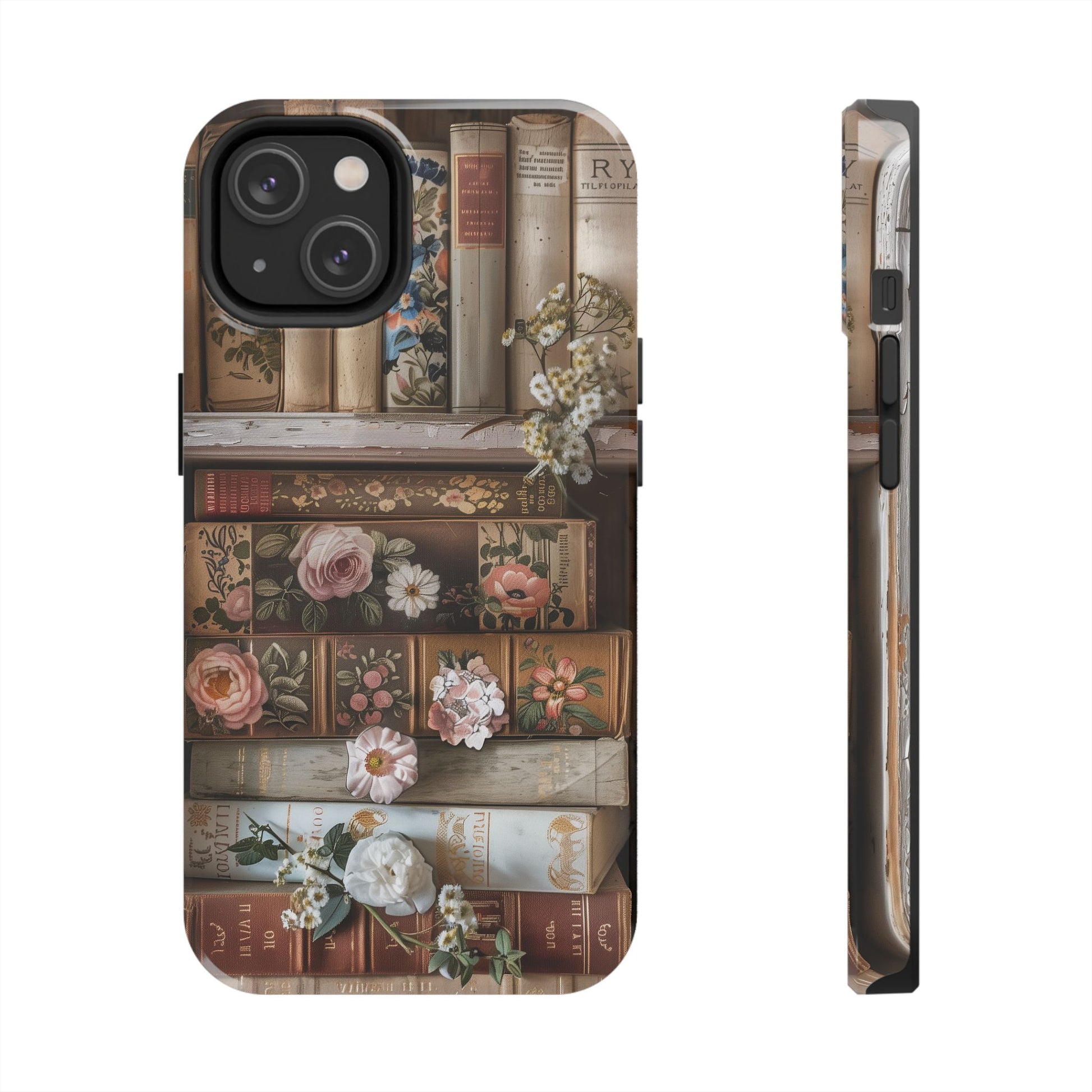 Vintage Book Stack Cottagecore Phone Case, Books with Floral Decor, Leather & Cloth Fliral iPhone Case, Pastel Roses Daisies Wildflowers