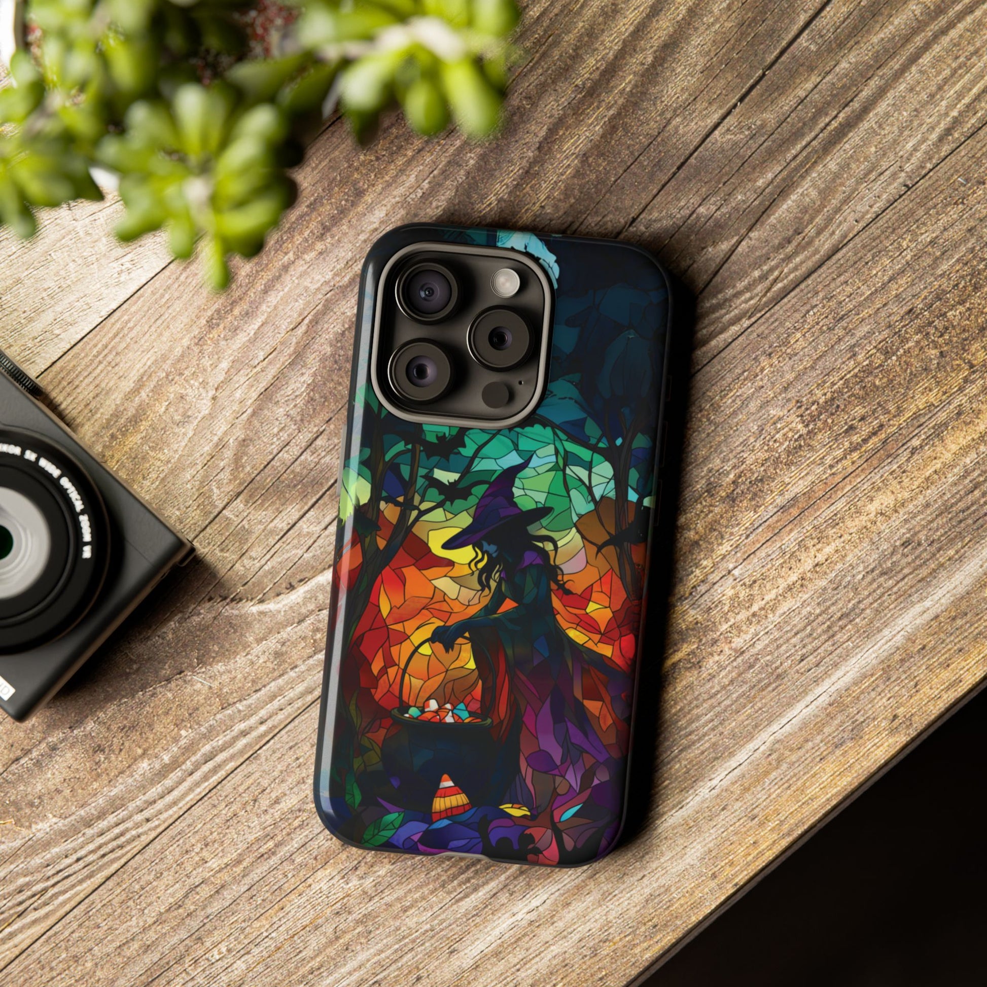 Halloween Witch Stained Glass Dark Academia Spooky Fall Witchy Pumpkin Bats Seasonal Fall Mosaic Case iPhone 13 14 15 16 Pro Max