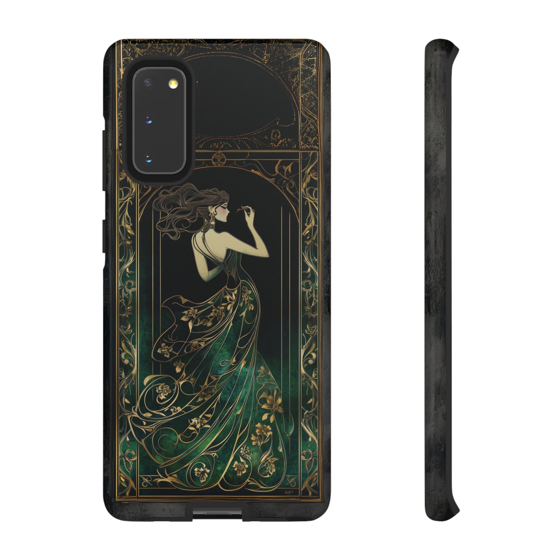 Art Deco Flapper Woman Phone Case 1920s Art Nouveau Design in Emerald & Gold Alphonse Mucha Style Gatsby Style Poster