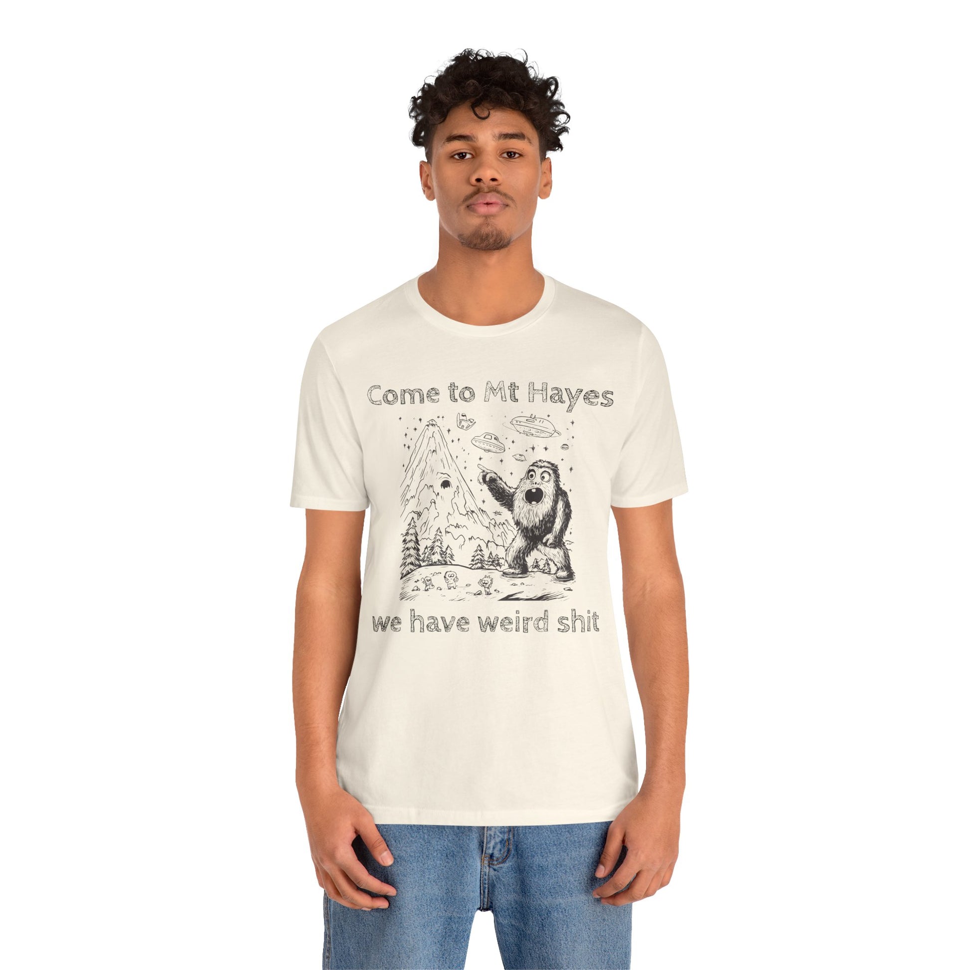 Alien Conspiracy Unisex Tee, Bigfoot Mountain Sketch Shirt, UFO Weird Stuff Tshirt, California Men's Top, Space Extraterrestrial Shirt