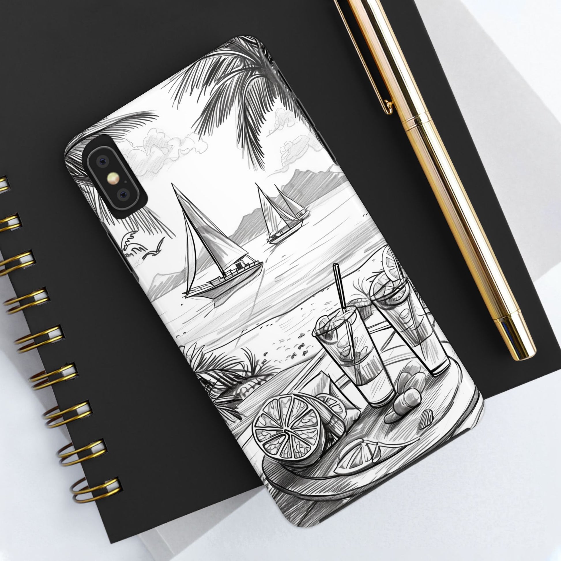Beach Vibes Phone Case: Hand-Drawn Tiki Drinks & Tropical Paradise Design