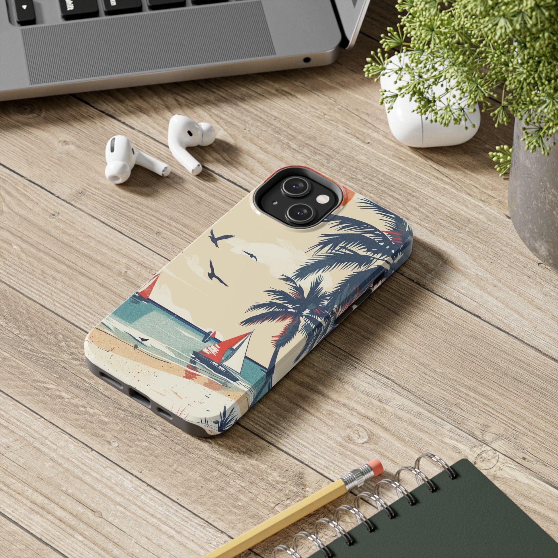 Retro Beach Scene Phone Case, Vintage Tropical Ocean iPhone Case, Summer Beach Phone Cover for iPhone, iphone 15 pro max
