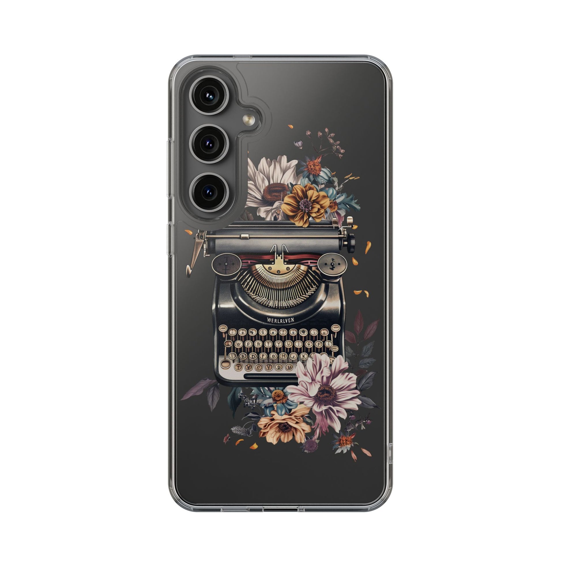 Vintage Cottagecore Typewriter Clear Phone Case with Floral Dark Academia Nostalgic Artistic Typography iPhone 13 14 15 16 Pro Max