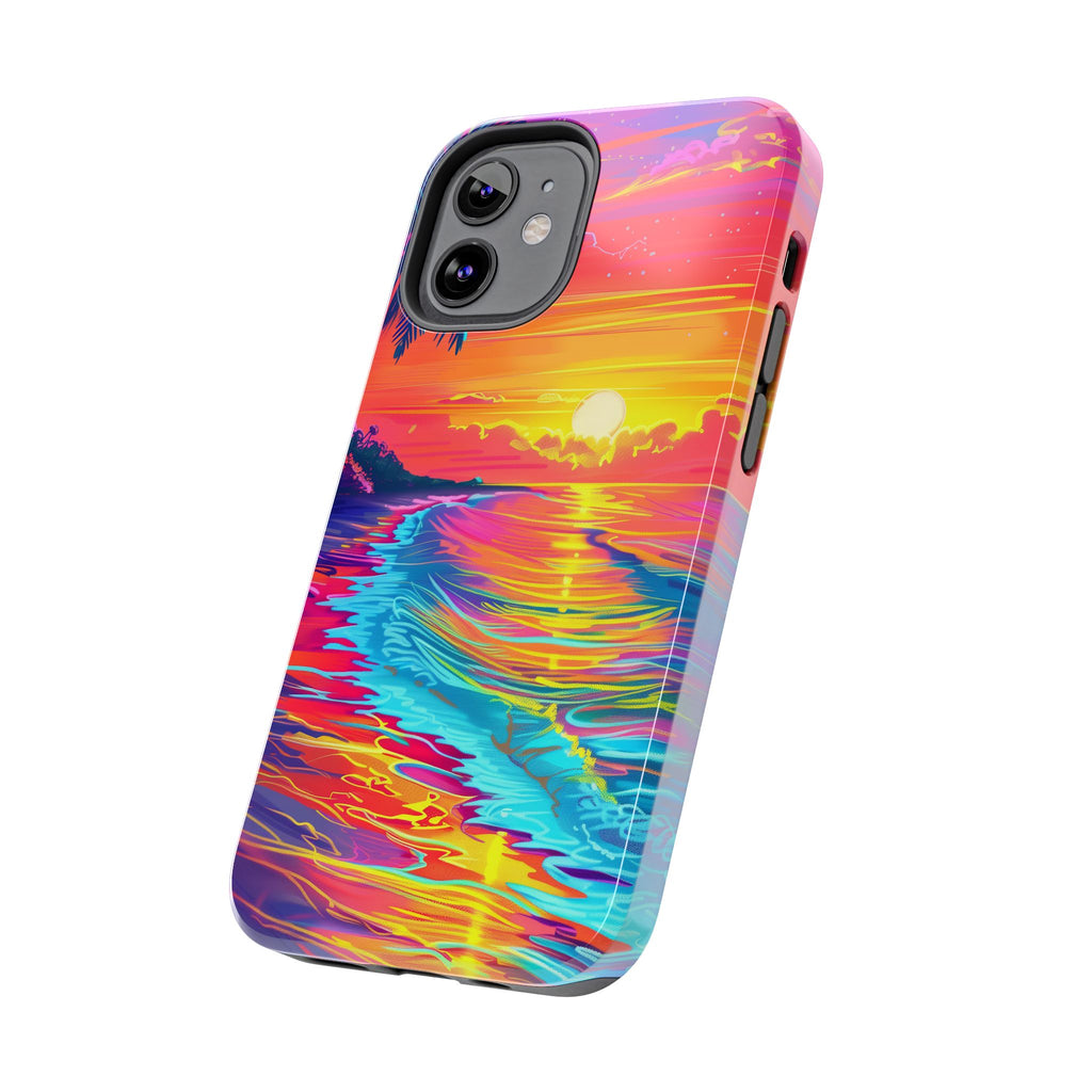 Tough Beach Sunrise Phone Case - Durable Case Lisa Frank Inspired Beach Art - Vibrant Beach Design - Colorful Phone Case for Beach Lovers