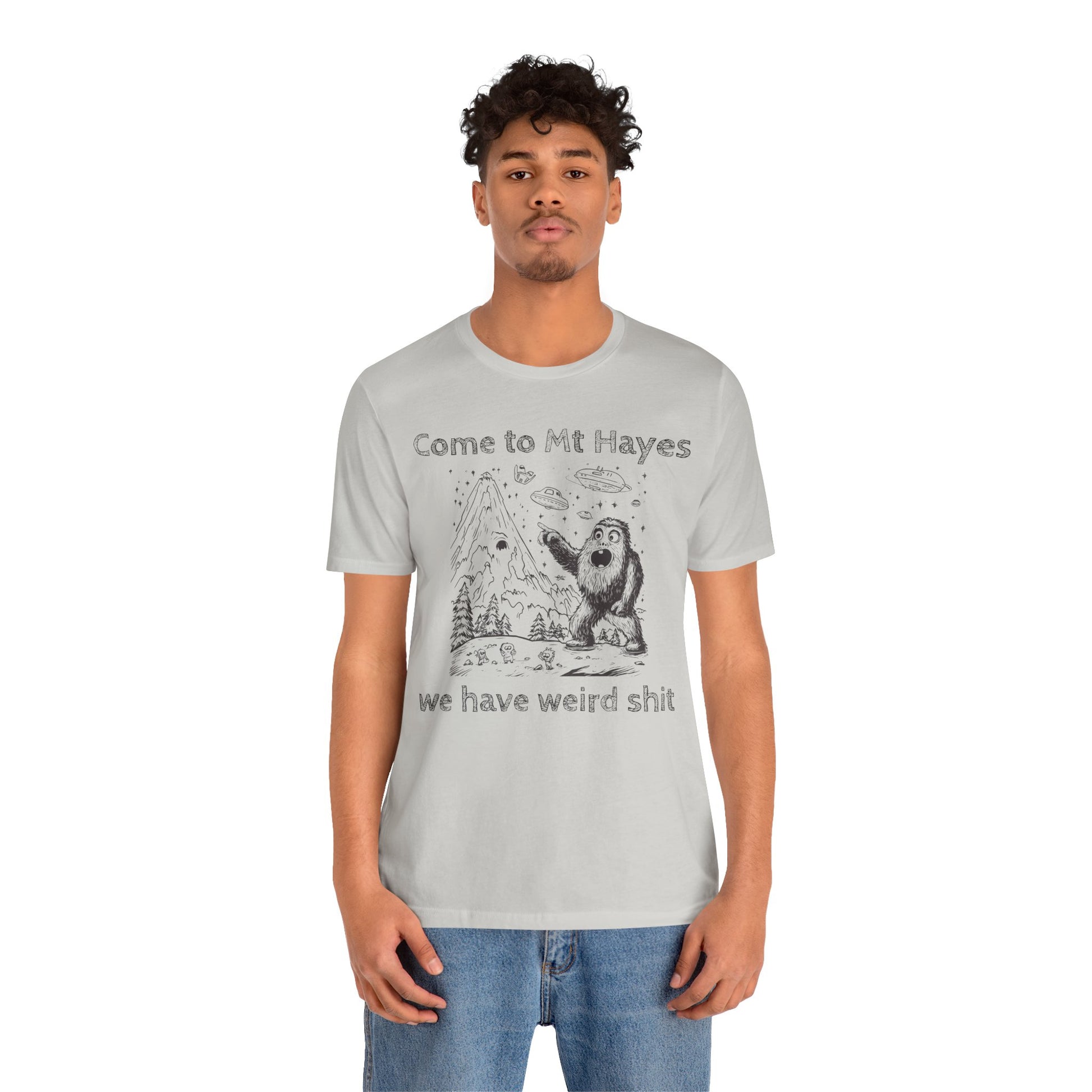 Alien Conspiracy Unisex Tee, Bigfoot Mountain Sketch Shirt, UFO Weird Stuff Tshirt, California Men's Top, Space Extraterrestrial Shirt