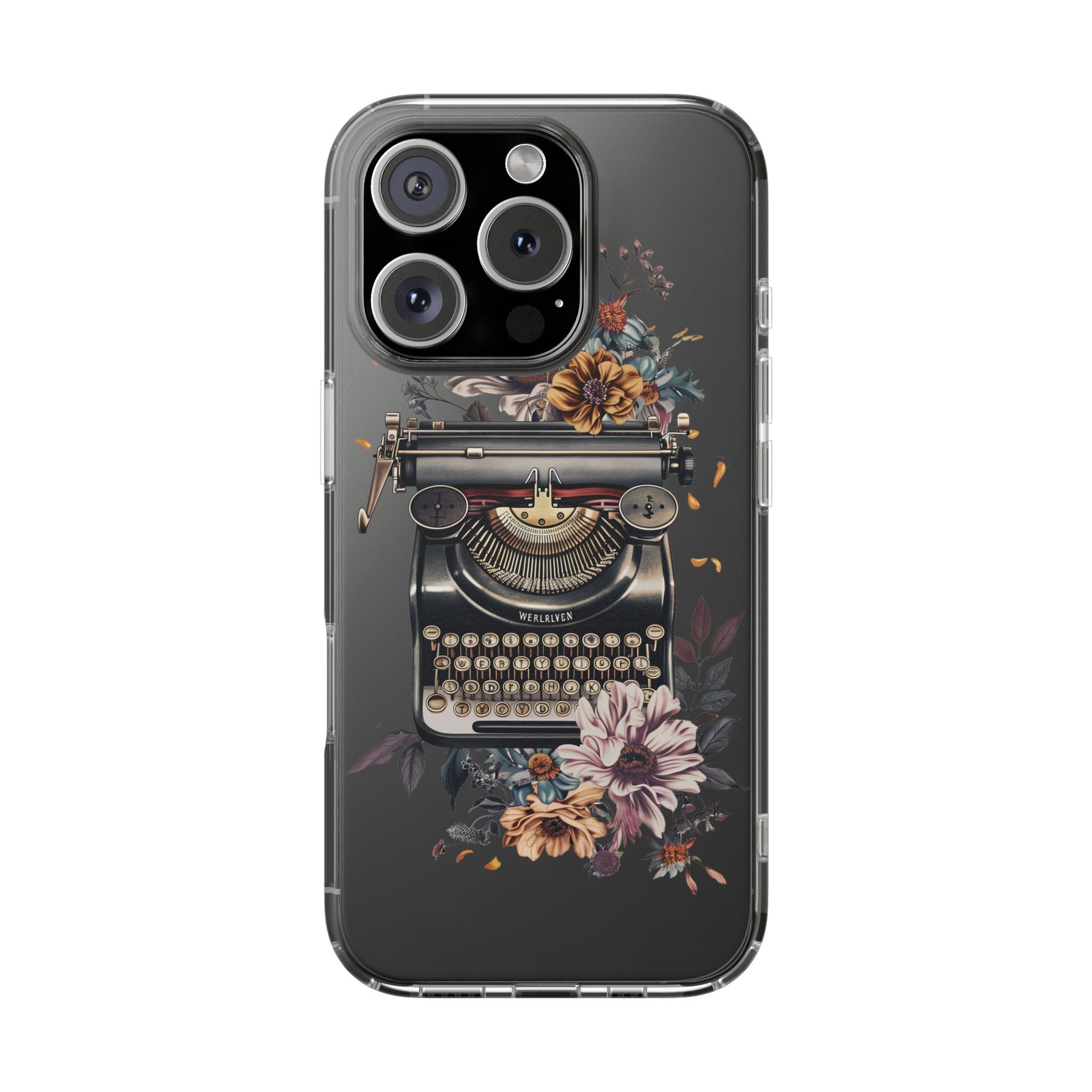 Vintage Cottagecore Typewriter Clear Phone Case with Floral Dark Academia Nostalgic Artistic Typography iPhone 13 14 15 16 Pro Max