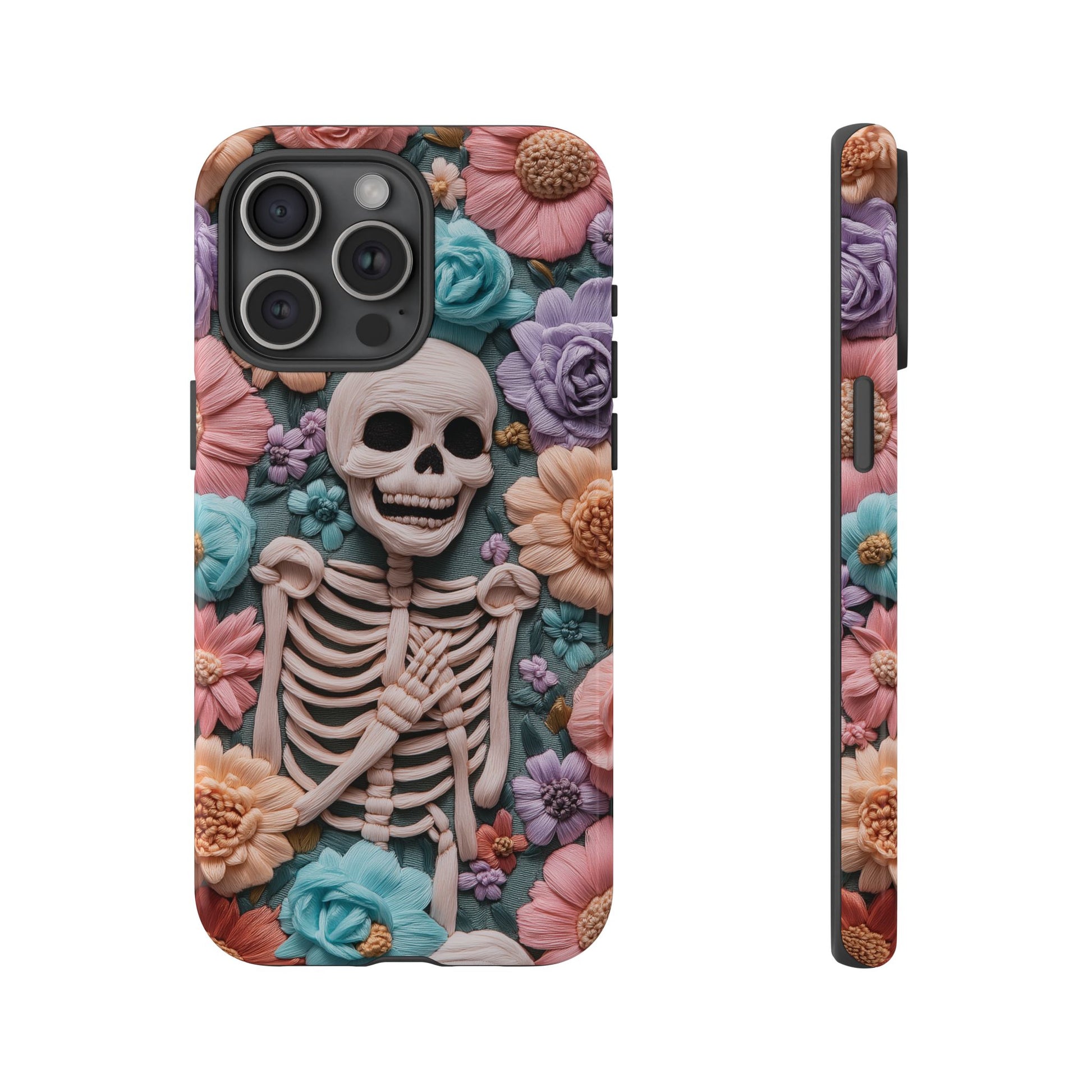Embroidered Skeleton Gothic Cottagecore Halloween Phone Case 3D Look Flowers Pastel Custom 13 14 15 16 Pro Max Plus Galaxy Pixel