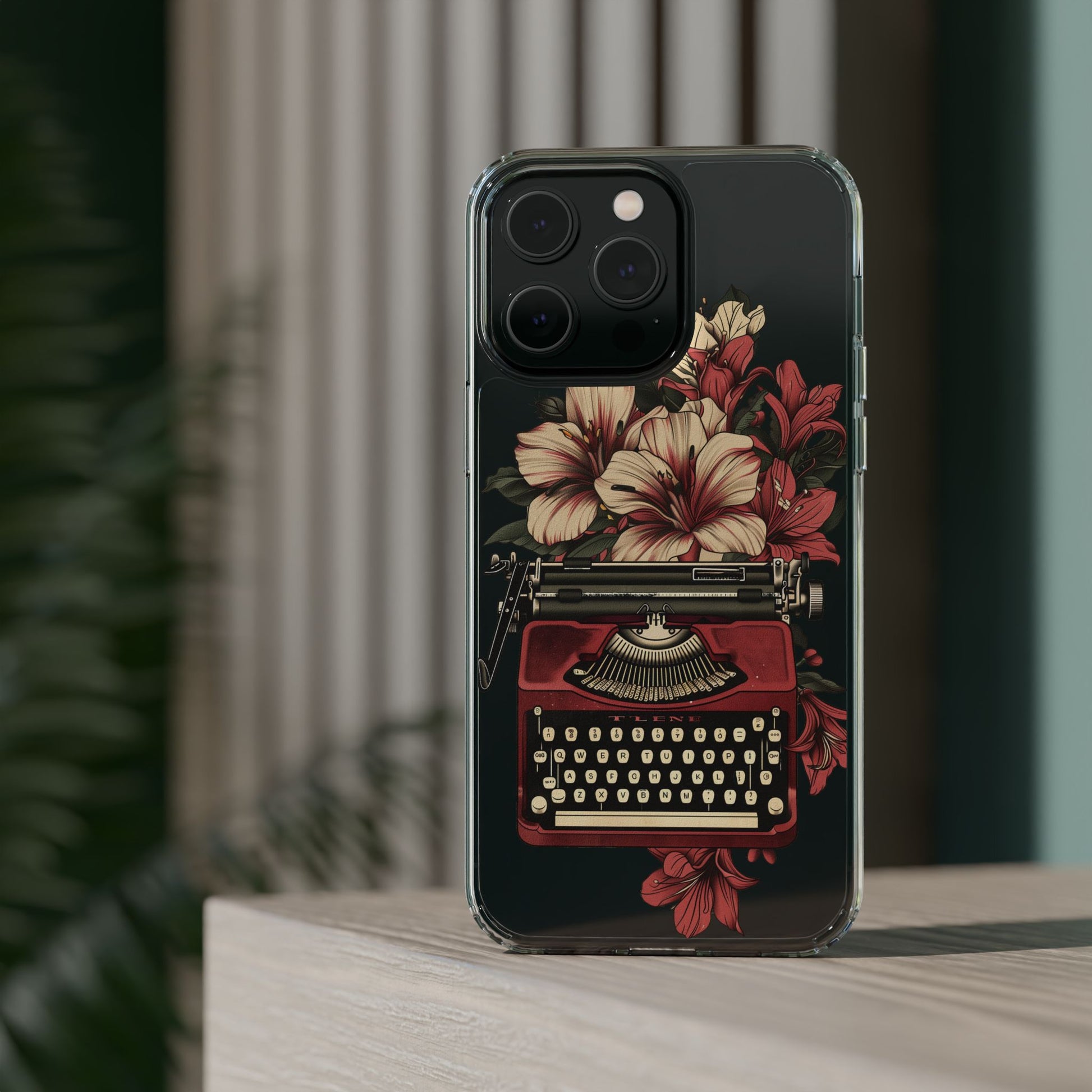 Dark Academia Clear Phone Case Vintage Typewriter Floral Accents Cottagecore Typography Nostalgic Typewriter iPhone 13 14 15 16 Pro Max